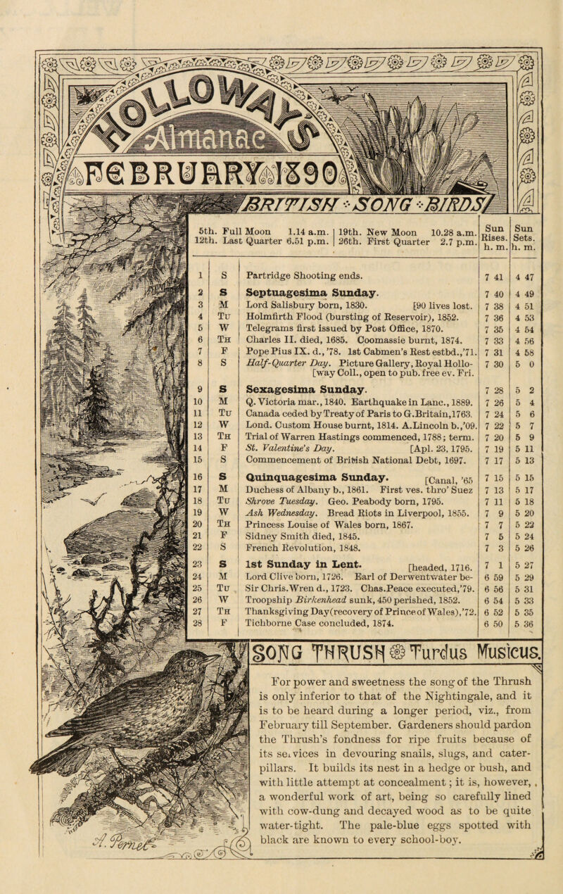 5th. Full Moon 1.14 a.m. 12th. Last Quarter 6.51 p.m. 19th. New Moon 10.28 a.m. 26th. First Quarter 2.7 p.m. Sun Rises, h. m. Sun Sets, h. m. 1 S Partridge Shooting ends. 7 41 4 47 2 S Septuagesima Sunday. 7 40 4 49 3 M Lord Salisbury born, 1830. [90 lives lost. 7 38 4 51 4 Tu Holmfirth Flood (bursting of Reservoir), 1852. 7 36 4 53 5 W Telegrams first issued by Post Office, 1870. 7 35 4 54 6 Tu Charles II. died, 1685. Coomassie burnt, 1874. 7 33 4 56 7 F Pope Pius IX. d., ’78. 1st Cabmen’s Eest estbd.,’71. 7 31 4 58 8 S Half-Quarter Bay. Picture Gallery, Royal Hollo- 7 30 5 0 [way Coll., open to pub. free ev. Fri. 9 s Sexagesima Sunday. 7 28 5 2 10 M Q. Victoria mar., 1840. Earthquake in Lane., 1889. 7 26 5 4 11 Tu Canada ceded by Treaty of Paris to G.Britain,1763. 7 24 5 6 12 W Lond. Custom House burnt, 1814. A.Lincoln b.,’09. 7 22 5 7 13 Th Trial of Warren Hastings commenced, 1788; term. 7 20 5 9 14 F St. Valentine’s Day [Apl. 23,1795. 7 19 5 11 15 S Commencement of British National Debt, 1697. 7 17 5 13 16 s Quinquagesima Sunday. [Canal, ’65 7 15 5 15 17 M Duchess of Albany b., 1861. First ves. thro’ Suez 7 13 5 17 18 Tu Shrove Tuesday. Geo. Peabody born, 1795. 7 11 5 18 19 W Ash Wednesday. Bread Riots in Liverpool, 1855. 7 9 5 20 20 Th Princess Louise of Wales born, 1867. 7 7 5 22 21 F Sidney Smith died 1845. 7 5 5 24 22 S French Revolution 1848. 7 3 5 26 23 s 1st Sunday in Lent. [headed, 1716. 7 1 5 27 24 M Lord Clive born, 1726. Earl of Derwentwater be- 6 59 5 29 25 Tu Sir Chris.Wren d., 1723. Chas.Peace executed,’79. 6 56 5 31 26 W Troopship Birkenhead sunk, 450 perished, 1852. 6 54 5 33 27 Th Thanksgiving Day(recovery of Princeof Wales),’72. 6 52 5 35 28 F Tichborne Case concluded, 1874. 6 50 5 36 W W ' For power and sweetness the song of the Thrush is only inferior to that of the Nightingale, and it is to be heard during a longer period, viz., from February till September. Gardeners should pardon the Thrush’s fondness for ripe fruits because of its services in devouring snails, slugs, and cater¬ pillars. It builds its nest in a hedge or bush, and with little attempt at concealment; it is, however, , a wonderful work of art, being so carefully lined with cow-dung and decayed wood as to be quite water-tight. The pale-blue eggs spotted with black are known to every school-boy. 'S