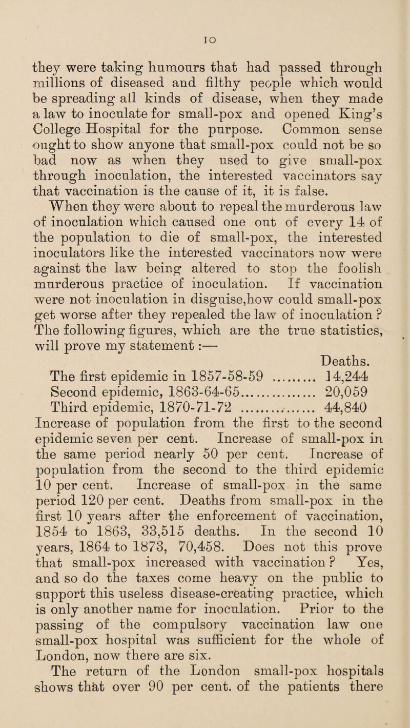 IO they were taking humours that had passed through millions of diseased and filthy people which would be spreading all kinds of disease, when they made a law to inoculate for small-pox and opened King’s College Hospital for the purpose. Common sense ought to show anyone that small-pox could not be so bad now as when they used to give small-pox through inoculation, the interested vaccinators say that vaccination is the cause of it, it is false. When they were about to repeal the murderous law of inoculation which caused one out of every 14 of the population to die of small-pox, the interested inoculators like the interested vaccinators now were against the law being altered to stop the foolish murderous practice of inoculation. If vaccination were not inoculation in disguise,how could small-pox get worse after they repealed the law of inoculation ? The following figures, which are the true statistics, will prove my statement:— Deaths. The first epidemic in 1857-58-59 . 14,244 Second epidemic, 1863-64-65. 20,059 Third epidemic, 1870-71-72 . 44,840 Increase of population from the first to the second epidemic seven per cent. Increase of small-pox in the same period nearly 50 per cent. Increase of population from the second to the third epidemic 10 per cent. Increase of small-pox in the same period 120 per cent. Deaths from small-pox in the first 10 years after the enforcement of vaccination, 1854 to 1863, 33,515 deaths. In the second 10 years, 1864 to 1873, 70,458. Does not this prove that small-pox increased with vaccination P Yes, and so do the taxes come heavy on the public to support this useless disease-creating practice, which is only another name for inoculation. Prior to the passing of the compulsory vaccination law one small-pox hospital was sufficient for the whole of London, now there are six. The return of the London small-pox hospitals shows that over 90 per cent, of the patients there