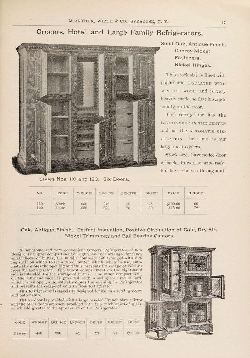 Grocers, Hotel, and Large Family Refrigerators. Solid Oak, Antique Finish. Conroy Nickel Fasteners, Nickel Hinges. This stock size is lined with poplar and insulated with mineral wool, and is very heavily made, so that it stands solidly on the floor. This refrigerator has the ICE CHAMBER IN THE CENTER and has the automatic cir¬ culation, the same as our large meat coolers. Stock sizes have no ice door in back, drawers or wine rack, but have shelves throughout. btyies Nos. 110 and 120. Six Doors. NO. CODE weight LBS. ICE length depth PRICE height 110 York 650 246 68 28 $100.00 66 120 Penn 850 329 76 30 115.00 72 Oak, Antique Finish. Perfect Insulation, Positive Circulation of Cold, Dry Air. Nickel Trimmings and Ball Bearing Castors. A handsome and very convenient Grocers’ Refrigerator of new design. The upper compartment on right-hand side arranged for fancy small cheese or butter; the middle compartment arranged with slid¬ ing shelf on which to set a tub of butter, which, when in use, auto¬ matically closes the opening and thus prevents the escape of cold air from the Refrigerator. The lowest compartment on the right-hand side is intended for the storage of butter. The other compartment, on the left-hand side, is provided with a swing for a can of lard, which, when open, automatically closes the opening in Refrigerator and prevents the escape of cold air from Refrigerator. This Refrigerator is especially designed for use in a retail grocery and butter store. The ice door is provided with a large beveled French plate mirror and the other doors are each provided with two thicknesses of glass, which add greatly to the appearance of the Refrigerator. CODE weight LBS. ICE length depth HEIGHT PRICE Dewey 450 300 52 29 74 $90.00