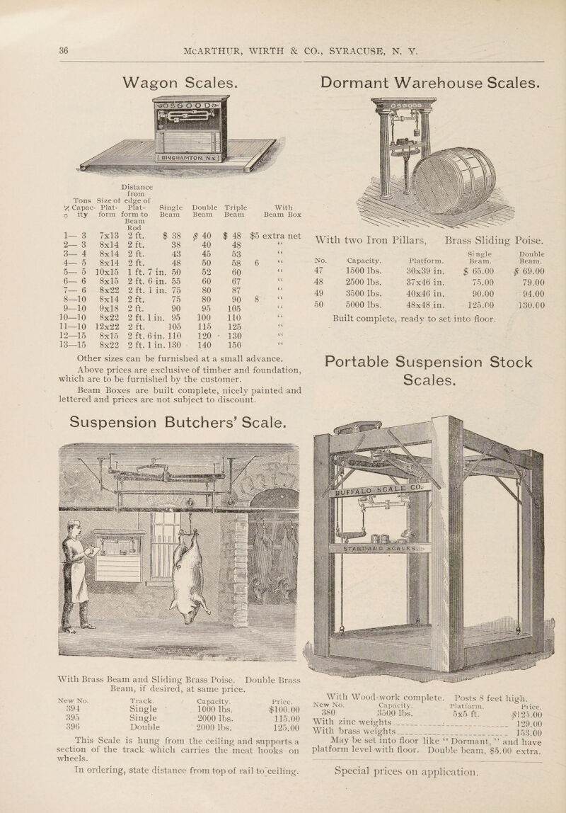 Wagon Scales. Dormant Warehouse Scales. from Tons T Capac Size of edge of - Plat- Plat- Single Double Triple With o ity form form to Beam Beam Beam Beam Box 1— 3 7x13 Beam Rod 2 ft. $ 38 $ 40 $ 48 $5 extra net 2— 3 8x14 2 ft. 38 40 48 < < 3— 4 8x14 2 ft. 43 45 53 < < 4— 5 8x14 2 ft. 48 50 58 6 < < 5— 5 10x15 1 ft. 7 in. 50 52 60 i 4 6— 6 8x15 2 ft. 6 in. 55 60 67 4 4 7— 6 8x22 2 ft. 1 in. 75 80 87 4 4 8—10 8x14 2 ft. 75 80 90 8 4 4 9—10 9x18 2 ft. 90 95 105 4 4 10—10 8x22 2 ft. 1 in. 95 100 110 4 4 11—10 12x22 2 ft. 105 115 125 4 4 12—15 8x15 2 ft. 6 in. 110 120 130 4 4 13—15 8x22 2 ft. 1 in. 130 140 150 4 4 Other sizes can be furnished at a small advance. Above prices are exclusive of timber and foundation, which are to be furnished by the customer. Beam Boxes are built complete, nicely painted and lettered and prices are not subject to discount. With two Iron Pillars, Brass Sliding Poise. No. Capacity. Platform. Single Beam. Double Beam. 47 1500 lbs. 30x39 in. $ 65.00 # 69.00 48 2500 lbs. 37x46 in. 75.00 79.00 49 3500 lbs. 40x46 in. 90.00 94.00 50 5000 lbs. 48x48 .in. 125.00 130.00 Built complete, read}^ to set into floor. Portable Suspension Stock Scales. Suspension Butchers’ Scale. With Brass Beam and Sliding Brass Foise. Double Brass Beam, if desired, at same price. New No. Track. < Capacity. Price. 391 Single 1000 lbs. $100.00 395 Single 2000 lbs. 115.00 396 Double 2000 lbs. 125.00 This Scale is hung from the ceiling and supports a section of the track which carries the meat hooks on wheels. With Wood-work complete. Posts 8 feet high. New No. Capacity. Platform. Price 380 ,350.0 lbs. 5x5 ft. #125.00 With zinc weights___ 120.00 With brass weights___ 153.00 May be set into floor like “ Dormant, ” and have platform level 'with floor. Double beam, $5.00 extra.