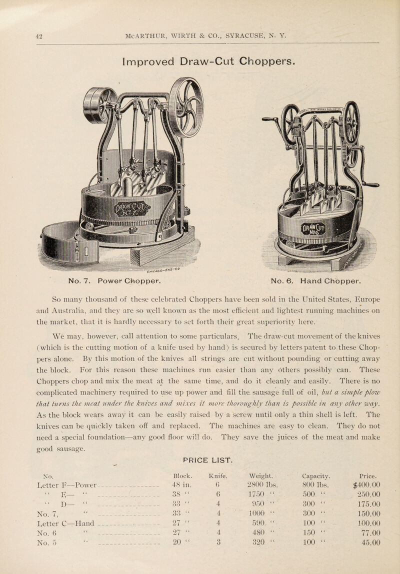 Improved Draw-Cut Choppers. No. 7. Power Chopper. No. 6, Hand Chopper. So many thousand of these celebrated Choppers have been sold in the United States, Europe * and Australia, and they are so well known as the most efficient and lightest running machines on the market, that it is hardly necessary to set forth their great superiority here. We may, however, call attention to some particulars. The draw-cut movement of the knives (which is the cutting motion of a knife used by hand) is secured by letters patent to these Chop¬ pers alone. By this motion of the knives all strings are cut without pounding or cutting away the block. For this reason these machines run easier than any others possibly can. These Choppers chop and mix the meat at the same time, and do it cleanly and easily. There is no complicated machinery required to use up power and fill the sausage full of oil, but a simple plow that turns the meat under the knives and, mixes it more thoroughly than is possible in any other way. As the block wears away it can be easily raised by a screw until only a thin shell is left. The knives can be quickly taken off and replaced. The machines are easy to clean. They do not need a special foundation—any good floor will do. They save the juices of the meat and make good sausage. No. - 1 PRICE Block. LIST. Knife. Weight, Capacity. Price. Fetter F—Power 48 in. 6 2800 lbs. 800 lbs. $400.00 ‘ ‘ E— “ - - ( 38 “ 6 1750 “ 500 “ 250.00 “ I)— “ -- 33 “ 4 950 “ 300 “ 175.00 No. 7. “ -- 33 ‘ ‘ 4 4000 £< o o CO 150.00 Fetter C—Hand - 27 “ 4 590, “ 100 “ 100.00 No. 6 “ __ ■ ____ 27 “ 4 480 150 “ 77.00 No. 5 -- _ 20 “ 3 320 “ 100 “ 45.00