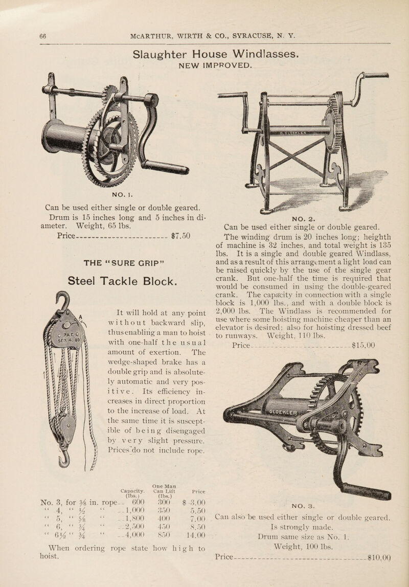 Slaughter House Windlasses. NEW IMPROVED. NO. 1. Can be used either single or double geared. Drum is 15 inches long and 5 inches in di¬ ameter. Weight, 65 lbs. Price-—_——— $7.50 THE “SURE GRIP” Steel Tackle Block. It will hold at any point without backward slip, thus enabling a man to hoist with one-half the usual amount of exertion. The wedge-shaped brake has a double grip and is absolute¬ ly automatic and very pos¬ it i v e . Its efficiency in¬ creases in direct proportion to the increase of load. At the same time it is suscept¬ ible of being disengaged by very slight pressure. Prices do not include rope. ( i ( < c ( 4, “ / 5, “ 5/8 6, “ H 6/ “ 5/ < < Capacity. One Man Can Uft Price (lbs.) (lbs.) pe__ 600 300 $ 3.00 __ 1,000 350 5.50 -1,800 400 •7.00 _2,500 450 8.50 -4,000 850 14.00 rope state how h i gh to NO. 2. Can be used either single or double geared. The winding drum is 20 inches long; heighth of machine is 32 inches, and total weight is 135 lbs. It is a single and double geared Windlass, and as a result of this arrangement a light load can be raised quickly by the use of the single gear crank. But one-half the time is required that would be consumed in using the double-geared crank. The capacity in connection with a single block is 1,000 lbs., and with a double block is 2,000 lbs. The Windlass is recommended for use where some hoisting machine cheaper than an elevator is desired; also for hoisting dressed beef to runways. Weight, 110 lbs. Price -_------—a_$15.00 NO. 3. Can also be used either single or double geared. Is strongly made. Drum same size as No. 1. Weight, 100 lbs.