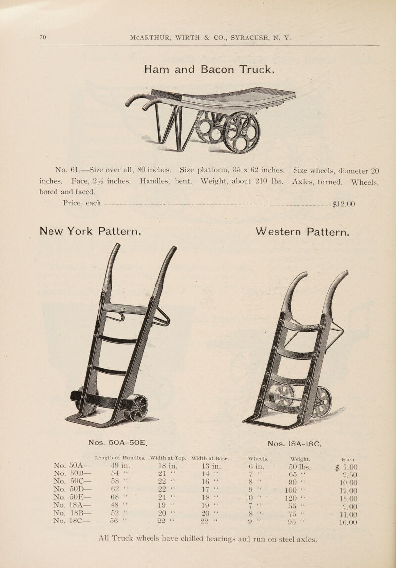 Ham and Bacon Truck. No. 61.—Size over all, 80 inches. Size platform, 35 x 62 inches. Size wheels, diameter 20 inches. Face, 2inches. Handles, bent. Weight, about 210 lbs. Axles, turned. Wheels, bored and faced. Price, each---—----$12.00 Nos. 50A-50E. Nos. I8A-18C. Uength of Handles. Width at Top. Width at Base. Wheels. Weight. Each. No. 50 A— 49 in. 18 in. 13 in. 6 in. 50 lbs. $ 7.00 No. SOB— 54 “ 21 “ 14 “ 7-“ - 65 “ 9.50 No. 50C— 58 “r 22 “ 16 “ 8 “ 90 10.00 No. SOD— 62 “ 22 “ 17 “ .9. “ ■ 100 £( 12.00 No. S0E— 68 “ 1 24 “ 18 “ .• 10 “ 120 “ 13.00 No. 18 A— 48 “ 19 “ 19 “ n . i c i 55 “ 9.00 No. 18B— 52 “ 20 “ 20 “ 8 75 “ 11.00 No. 18C— 56 “ 22 “ 22 “ 9 “ 95 <£ 16.00 All Truck wheels have chilled bearings and run on steel axles.