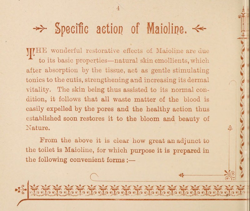 -*»• Specific action of Maioline. TITHE wonderful restorative effects of Maioline are due to its basic properties—natural skin emollients, which after absorption by the tissue, act as gentle stimulating tonics to the cutis, strengthening and increasing its dermal vitality. The skin being thus assisted to its normal con¬ dition, it follows that all waste matter of the blood is easily expelled by the pores and the healthy action thus established soon restores it to the bloom and beauty of Nature. From the above it is clear how great an adjunct to the toilet is Maioline, for which purpose it is prepared in the following convenient forms :—