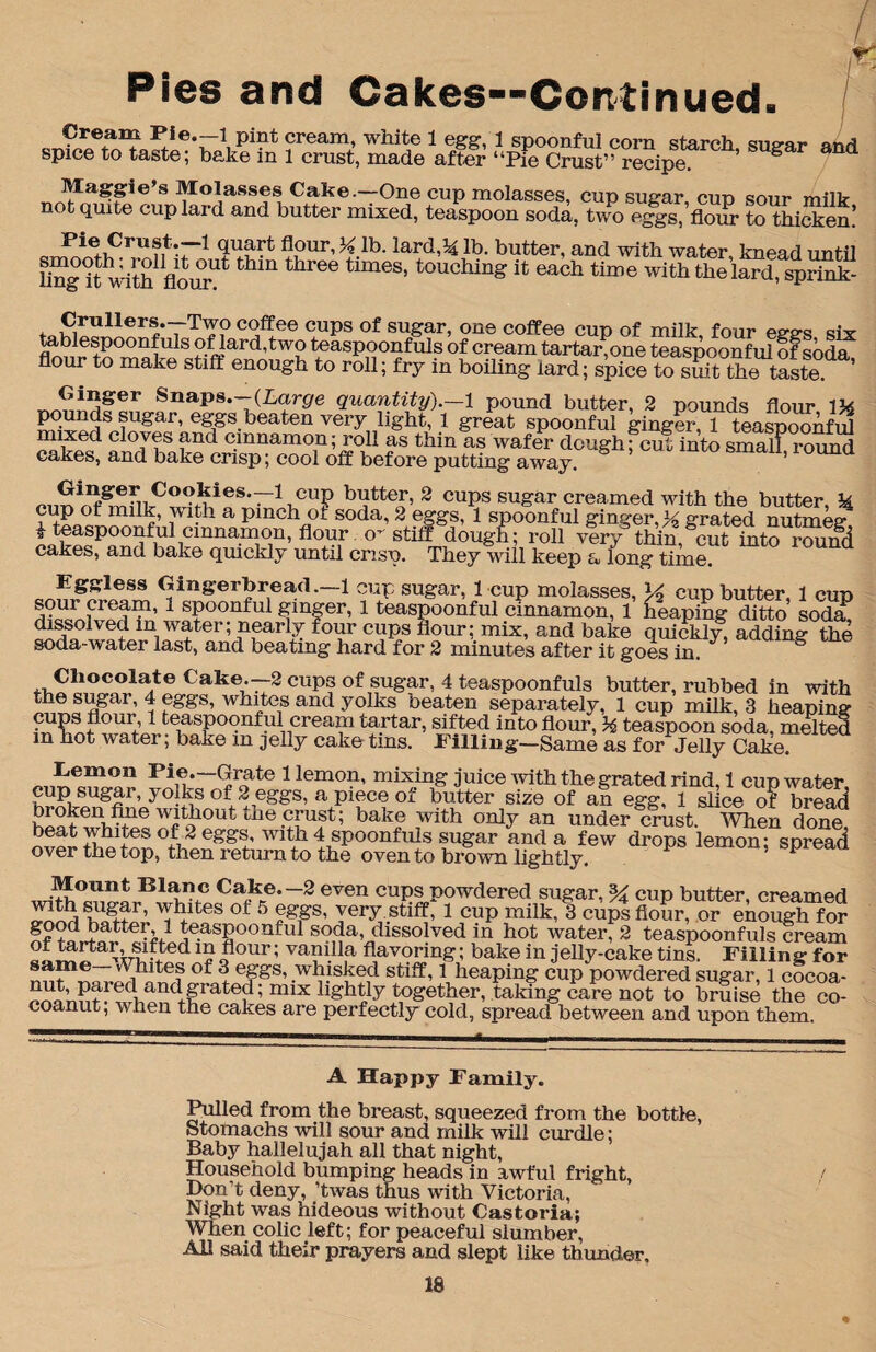 Pies and Cakes—Continued. Cream Pie_1 pint cream, white 1 egg, 1 spoonful corn starch ono-or- anA spice to taste; bake in 1 crust, made after “Pie CnS” recipe ’ g d Cake.—One cup molasses, cup sugar, cup sour milk not quite cup lard and butter mixed, teaspoon soda, two eggs, flour to thicken! Pie Crust.—l quart flour, 34 lb. lard,% lb. butter, and with water, knead until hng h with1floimUt thm thr6e times> touching it each time with the lard, sprink- Crullers.—Two coffee cups of sugar, one coffee cup of milk four een-s siV tablespoonfuls oflard,two teaspoonfuls of cream tartar,one teaspoonful of soda flour to make stiff enough to roll; fry in boiling lard; spice to suit the taste. Ginger Snaps.—(Large quantity).—1 pound butter, 2 pounds flour Iks pounds sugar, eggs beaten very light, 1 great spoonful ginger-, 1 teaspooAfih mixed cloves and cinnamon; roll as thin as wafer dough; cut into small round cakes, and bake crisp; cool off before putting away. small,round blitteo’ 2 CUPS su»ar creamed with the butter, % cup of milk, with a pinch oi soda, 2 eggs, 1 spoonful ginger,^ grated nutmeg i teaspoonful cinnamon, flour o’ stiff dough; roll vlry thin cut into round cakes, and bake quickly until crisp. They will keep a long time. Eggless Gingerbread.—1 cup sugar, 1 cup molasses, V, cup butter, 1 cup sour cream, 1 spoonful ginger, 1 teaspoonful cinnamon, 1 heaping ditto soda dissolved in water; nearly four cups flour; mix, and bake quickly, adding the soda-water last, and beating hard for 2 minutes after it goes in. f Cake-—2 cups of sugar, 4 teaspoonfuls butter, rubbed in with the sugar, 4 eggs, whites and yolks beaten separately, 1 cup milk, 3 heaping cups flour, 1 teaspoonful cream tartar, sifted into flour, % teaspoon soda, melted m hot water; bake m jelly cake tins. Filling—Same as for Jelly Cake. Lemon Pie—Grate 1 lemon, mixing juice with the grated rind, 1 cup water cup sugar, yolks of 2 eggs, a piece of butter size of an egg, 1 slice of bread broken flue without tne crust; bake with only an under crust. When done beat whites of 2 eggs, with 4 spoonfuls sugar and a few drops lemon; spread over the top, then return to the oven to brown lightly. ^ P Bla«c Cake.-2 even cups powdered sugar, % cup butter, creamed w? ’ ^iltes of 5 FF' YeiT stiff, 1 cup milk, 3 cups flour, or enough for ^-spoonful soda, dissolved in hot water, 2 teaspoonfuls cream 2l™!?a wn?ed ^ <?°ur ’ va?1.lla flavoring; bake in jelly-cake tins. Filling for same A hites of 3 eggs, whisked stiff, 1 heaping cup powdered sugar, 1 cocoa- anflgrated; mix lightly together, taking care not to bruise the co- coanut, when the cakes are perfectly cold, spread between and upon them. A Happy Family. Pulled from the breast, squeezed from the bottle, Stomachs will sour and milk will curdle; Baby hallelujah all that night, Household bumping heads in awful fright, / Don’t deny, ’twas thus with Victoria, Night was hideous without Castoria; When colic left; for peaceful slumber, All said their prayers and slept like thunder,