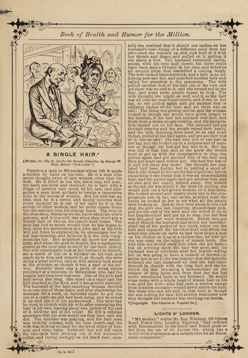 -*1 A SINGLE HAIR.* ( Written for The St. Jacobs Oil Family Calendar, by George W. Peck, Editor “Peck's Sun.”) There is a man in Milwaukee whose life is made a burden by hairs on his coat. He is a man who never thought twice of any woman other than his wife. He is blind in one eye, has a long, red nose; his teeth are worn and decayed; he is bald, with a fringe of carrotty hair down by his ears, and alto¬ gether a man most unlikely to awake a responsive echo in the bosom of woman. But his wife has an idea that he is a terror, and faintly believes that every moment he is out of her sight he is in the society of other women, and he never comes home but she searches him for strange hairs. The boys in the shoe-shop, where he works, know about his wife’s jealousy, and it is a cold day when they don’t put a female hair or two on his coat to wear’ home. The man has had so much trouble that he has begun to look upon his persecution as a joke, and as his wife will not listen to explanation, he encourages her in her hair-hunting, and believes it is the only enjoy¬ ment she has. Her neighbors all know her peculi¬ arity, and when she goes to church, the congregation glance at the poor man to see if he has been picked. She will occasionally look at her husband in church, see a speck of lint or a whisker on his coat, and reach up to him and remove it, as though she were doing a great service, and he will meekly look away at the minister, as though it was a part of the ser¬ vice. Recently there was a party of seven sisters exhibited at a museum, in Milwaukee, who had the longest hair that ever was seen. One of the girls had hair seven feet long. She stood on a chair and the hair reached to the floor, and it was greatly admired. The husband of the hair-searching woman decided to secure one of those hairs, and after shadowing the museum for a week, on Saturday night he got one out of a comb the girl had been using, and he rolled it up and put it in his pocket-book. The next day he went to church with his wife, after concealing the hair in his vest, leaving about two inches of the end of it sticking out of his collar. He felt a sublime assurance that his wife would see that hair, and she did. The minister was praying, and the hair man was looking solemn, with his eyes closed, and the wife was looking around for the latest styles of bon¬ nets and stray hairs. Suddenly her eye fell upon the two-inch hair sticking out of her husband’s collar, and laying lovingly on his black vest; men- (Dv> _ _ _ _ _ tally she resolved that it should not recline on her husband’s vest—being of a different color from her own—and she reached up and took hold of it with her thumb and finger, and pulled on it, pulling it out about a foot. The husband remained uncon¬ scious, with his eyes half closed, but there could have been seen a twinkle in his eyes, and wrinkles all around them that resembled a coming laugh. The wife looked thunderstruck, and a lady in an ad¬ joining pew saw her, and punched another lady and called her attention to the panorama. The wife pulled another foot of the hair out of the vest, and yet there was no end to it, and she turned red in the face, and some more people began to look. The wife thought she might as well end it, as the hair was all over the man’s coat-sleeve, and down in her lap, so she pulled again and got another foot or eighteen inches of the hair, and yet there was no end! The thing was getting serious, and the woman looked as though she would have given largely to the heathen, if she had not touched that hair, and there were a dozen people looking, and the perspira¬ tion started out on her face. The minister had gof through praying and the people raised their heads, and the wife, thinking there must be an end to all things, pulled at the hair again, and got another foot of it—but no end! She had four feet of one hair in her lap, and she looked up in a helpless sort of man¬ ner as though she had got her foot in it. Her lap was full of that hair, and as she knew she would have to get up with the congregation to sing, she pulled again and got another foot of the hair, and then her heart sunk within her. She had five feet of it, and yet there was more! She thought her hus¬ band had been fooling her by putting a spool of black silk thread in his vest for her to pull on; but on examining it she found that it was an unmistakable hair, and she pulled again and got another foot, and no end, and she nearly fainted away. She looked as though she was afraid if she kept on pulling she would pull out a full-grown woman or a hair-store. She looked around and nearly every eye in the con¬ gregation was on her, and as the minister read the hymn he looked at her to see what all the people were looking at. Just as they were about to rise and sing, she gave one last, lingering, impassionate jerk, and got the end of the hair, and she rolled it up in her handkerchief and got up to sing; but her face was red,,and her voice trembled. Before they got out of church the Imsband had stolen her handker¬ chief out of the pocket of her cloak, taken out the hair and replaced the handkerchief, and when she asked him where on earth he had been to get a hair on his clothes as long as a clothes-line, he told her she was crazy on the subject of female hairs. She told him she would show him when she got home; but on arriving there the hair was gone, and the husband was so solicitous after her health—telling her he was going to have a council of doctors ex¬ amine her to see if she was insane—that she actually believed she had imagined all that she had expe¬ rienced in church with the long hair, and she be¬ lieved she was becoming a monomaniac on the subject of long hairs, and from that day she has never mentioned hairs to her husband. He might come home with a whole head of female hair on his coat, and the wife—who had such a narrow escape from hopeless insanity—would never notice the hair. But those who saw her pull in that hair, as though she was trolling for bass, will always remember how they thought her husband was raveling out inside. *[C°pyright. The Charles A. Vogeler Co.] Lights o’ London. “ My mother,” writes Mr. Reg. Whitney, 161 Odessa Road, Forest Gate, London, England, “had suffered with Rheumatism in the hands and found great re¬ lief from the use of St. Jacobs Oil. which has a world-wide reputation as a certain cure for all Rheu- matic complaints.” iTT it