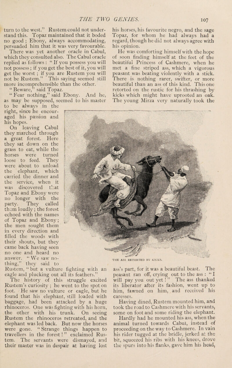 his horses, his favourite negro, and the sage Topaz, for whom he had always had a regard, though he did not always agree with his opinion. He was comforting himself with the hope of soon finding himself at the feet of the beautiful Princess of Cashmere, when he met a fine striped ass, which a vigorous peasant was beating violently with a stick. There is nothing rarer, swifter, or more beautiful than an ass of this kind. This one retorted on the rustic for his thrashing by kicks which might have uprooted an oak. The young Mirza very naturally took the turn to the west.” Rustem could not under¬ stand this. Topaz maintained that it boded no good ; Ebony, always accommodating, persuaded him that it was very favourable. There was yet another oracle in Cabul, which they consulted also. The Cabul oracle replied as follows : “If you possess you will not possess ; if you get the best of it, you will get the worst ; if you are Rustem you will not be Rustem.” This saying seemed still more incomprehensible than the other. “ Beware,” said Topaz. “ Fear nothing,” said Ebony. And he, as may be supposed, seemed to his master to be always in the right, since he encour¬ aged his passion and his hopes. On leaving Cabul they marched through a great forest. Here they sat down on the grass to eat, while the horses were turned loose to feed. They were about to unload the elephant, which carried the dinner and the service, when it was discovered that Topaz and Ebony were no longer with the party. They called them loudly ; the forest echoed with the names of Topaz and Ebony; the men sought them in every direction and filled the woods with their shouts, but they came back having seen no one and heard no answer. “We saw no¬ thing,” they said to Rustem, “ but a vulture fighting with an eagle and plucking out all its feathers.” The history of this struggle excited Rustem’s curiosity ; he went to the spot on foot. He saw no vulture or eagle, but he found that his elephant, still loaded with baggage, had been attacked by a huge rhinoceros. One was fighting with his horn, the other with his trunk. On seeing Rustem the rhinoceros retreated, and the elephant was led back. But now the horses were gone. “ Strange things happen to travellers in the forest! ” exclaimed Rus¬ tem. The servants were dismayed, and their master was in despair at having lost THE ASS RETORTED BY KICKS. ass’s part, for it was a beautiful beast. The peasant ran off, crying out to the ass : “I will pay you out yet ! ” The ass thanked its liberator after its fashion, went up to him, fawned on him, and received his caresses. Having dined, Rustem mounted him, and took the road to Cashmere with his servants, some on foot and some riding the elephant. Hardly had he mounted his ass, when the animal turned towards Cabul, instead of proceeding on the Avay to Cashmere. In vain his rider tugged at the bridle, jerked at the bit, squeezed his ribs with his knees, drove the spurs into his flanks, gave him his head,