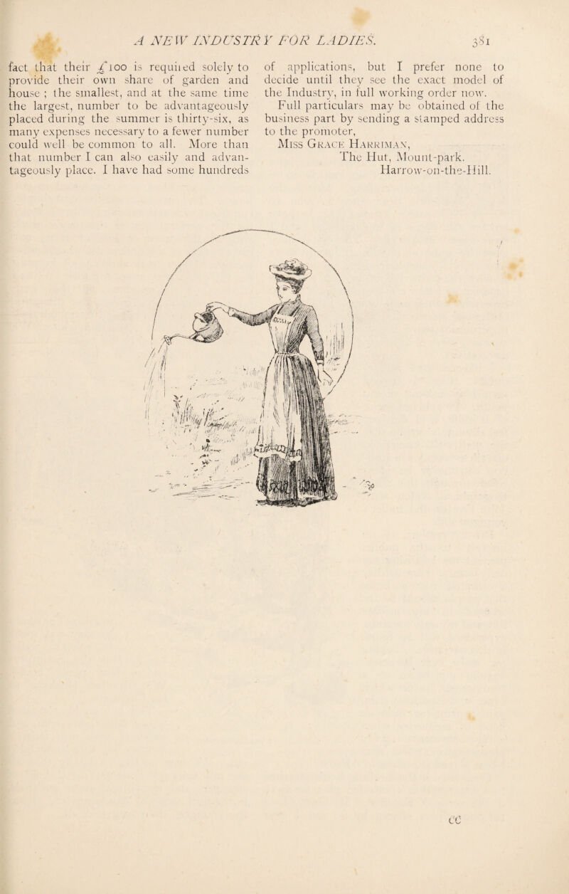 fact that their £100 is requiied solely to provide their own share of garden and house ; the smallest, and at the same time the largest, number to be advantageously placed during the summer is thirty-six, as many expenses necessary to a fewer number could well be common to all. More than that number I can also easily and advan¬ tageously place. I have had some hundreds of applications, but I prefer none to decide until they see the exact model of the Industry, in full working order now. Full particulars may be obtained of the business part by sending a stamped address to the promoter, Miss Grace Harriman, The Hut, Mount-park. Harrow-on-the-Hill. CC