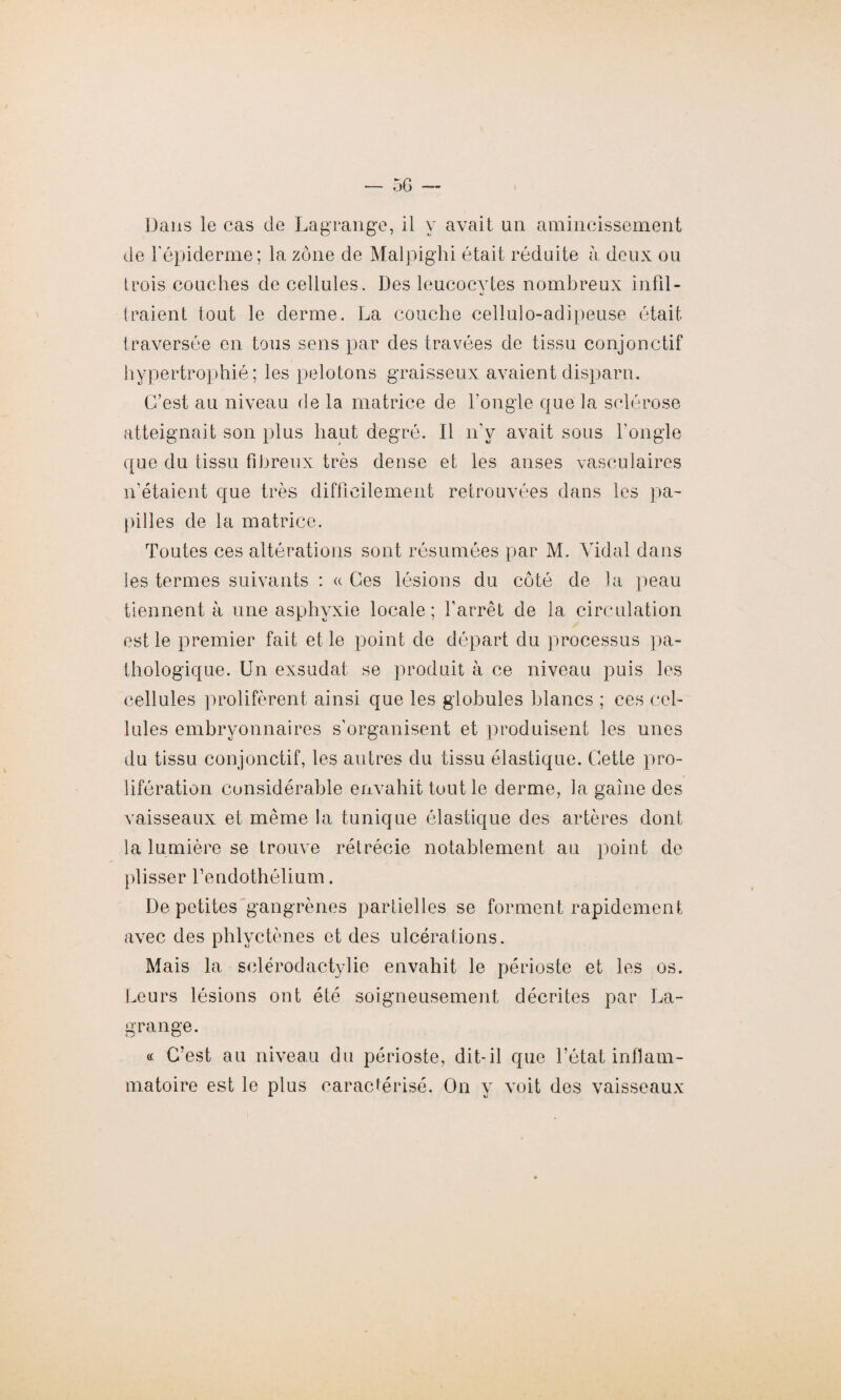 Dans le cas de Lagrange, il y avait un amincissement de l’épiderme; la zone de Malpighi était réduite à deux ou trois couches de cellules. Des leucocytes nombreux infil¬ traient tout le derme. La couche cellulo-adipeuse était traversée en tous sens par des travées de tissu conjonctif hypertrophié; les pelotons graisseux avaient disparu. C’est au niveau de la matrice de l’ongle que la sclérose atteignait son plus haut degré. Il n’y avait sous l’ongle que du tissu fibreux très dense et les anses vasculaires n'étaient que très difficilement retrouvées dans les pa¬ pilles de la matrice. Toutes ces altérations sont résumées par M. Vidal dans les termes suivants : « Ces lésions du côté de la peau tiennent à une asphyxie locale; l’arrêt de la circulation est le premier fait et le point de départ du processus pa¬ thologique. Un exsudât se produit à ce niveau puis les cellules prolifèrent ainsi que les globules blancs ; ces cel¬ lules embryonnaires s’organisent et produisent les unes du tissu conjonctif, les autres du tissu élastique. Cette pro¬ lifération considérable envahit tout le derme, la gaine des vaisseaux et même la tunique élastique des artères dont la lumière se trouve rétrécie notablement au point de plisser fendothélium. De petites gangrènes partielles se forment rapidement avec des phlyctènes et des ulcérations. Mais la sclérodactylie envahit le périoste et les os. Leurs lésions ont été soigneusement décrites par La¬ grange. « C’est au niveau du périoste, dit-il que l’état inflam¬ matoire est le plus caractérisé. On y voit des vaisseaux