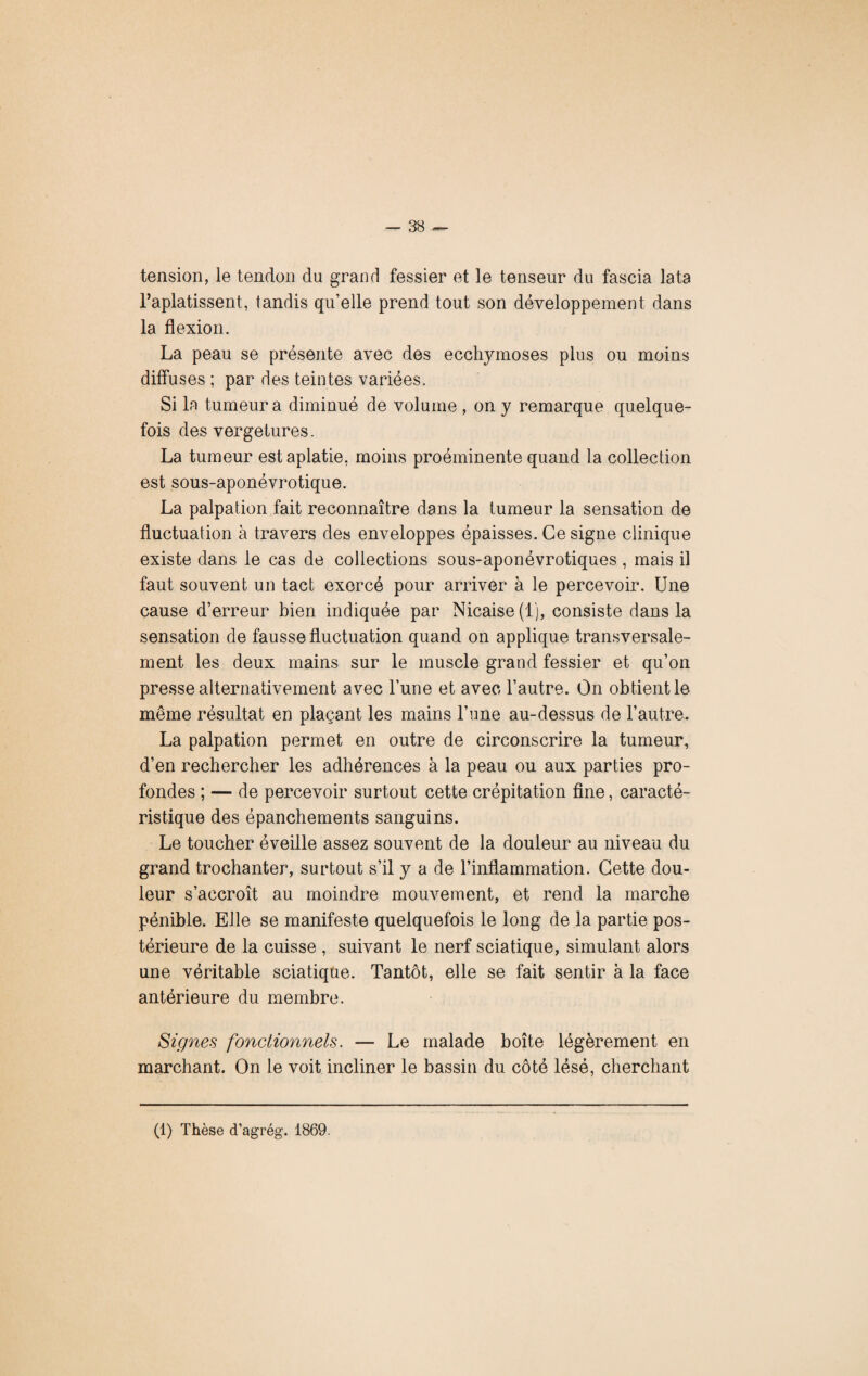 tension, le tendon du grand fessier et le tenseur du fascia lata l’aplatissent, tandis qu’elle prend tout son développement dans la flexion. La peau se présente avec des ecchymoses plus ou moins diffuses ; par des teintes variées. Si ln tumeur a diminué de volume , on y remarque quelque¬ fois des vergetures. La tumeur est aplatie, moins proéminente quand la collection est sous-aponévrotique. La palpation fait reconnaître dans la tumeur la sensation de fluctuation à travers des enveloppes épaisses. Ce signe clinique existe dans le cas de collections sous-aponévrotiques , mais il faut souvent un tact exercé pour arriver à le percevoir. Une cause d’erreur bien indiquée par Nicaise(l), consiste dans la sensation de fausse fluctuation quand on applique transversale¬ ment les deux mains sur le muscle grand fessier et qu’on presse alternativement avec l’une et avec l’autre. On obtient le même résultat en plaçant les mains l’une au-dessus de l’autre, La palpation permet en outre de circonscrire la tumeur, d’en rechercher les adhérences à la peau ou aux parties pro¬ fondes ; — de percevoir surtout cette crépitation fine, caracté¬ ristique des épanchements sanguins. Le toucher éveille assez souvent de la douleur au niveau du grand trochanter, surtout s’il y a de l’inflammation. Cette dou¬ leur s’accroît au moindre mouvement, et rend la marche pénible. Elle se manifeste quelquefois le long de la partie pos¬ térieure de la cuisse , suivant le nerf sciatique, simulant alors une véritable sciatique. Tantôt, elle se fait sentir à la face antérieure du membre. Signes fonctionnels. — Le malade boîte légèrement en marchant. On le voit incliner le bassin du côté lésé, cherchant (1) Thèse d’agrég. 1869.