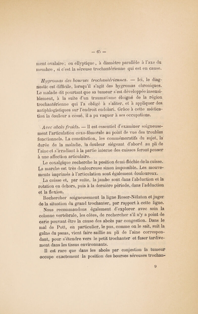 ment ovalaire ; ou ellyptique , à diamètre parallèle à 1 axe du membre , si c’est la séreuse trochantérienne qui est en cause. Hygr ornas des bourses trochantériennes. — Ici, le diag¬ nostic est difficile, lorsqu’il s’agit des hygromas chroniques. Le malade dit pourtant que sa tumeur s’est développée insensi¬ blement, à la suite d’un traumaiisme éloigné de la région trochantérienne qui l’a obligé à s aliter, et a appliquer des antiphlogistiques sur l’endroit endolori. Grâce à cette médica¬ tion la douleur a cessé, il a pu vaquer à ses occupations. Avec abcès froids. — 11 est essentiel d’examiner soigneuse¬ ment l’articulation coxo-fémorale au point de vue des troubles fonctionnels. La constitution, les commémoratifs du sujet, la durée de la maladie, la douleur siégeant d’abord au pli de l’aine et s'irradiant à la partie interne des cuisses feront penser à une affection articulaire. Le coxalgique recherche la position demi-fléchie de la cuisse. La marche est très douloureuse sinon impossible. Les mouve¬ ments imprimés à l’articulation sont également douloureux. La cuisse et, par suite, la jambe sont dans l’abduction et la rotation en dehors, puis à la dernière période, dans l’adduction et la flexion. Rechercher soigneusement la ligne Roser-Nélaton et juger de la situation du grand trochanter, par rapport à cette ligne. Nous recommandons également d’explorer avec soin la colonne vertébrale, les côtes, de rechercher s’il n’y a point de carie pouvant être la cause des abcès par congestion. Dans le mal de Pott, en particulier, le pus, comme on le sait, suit la gaine du psoas, vient faire saillie au pli de l’aine correspon¬ dant, pour s’étendre vers le petit trochanter et fuser tardive¬ ment dans les tissus environnants. Il est rare que dans les abcès par cogestion la tumeur occupe exactement la position des bourses séreuses trochan- 9