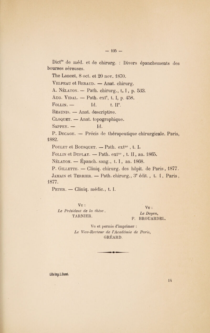 Dictle de méd. et de chirurg. : Divers épanchements des bourses séreuses. The Lancet, 8 oct. et 20 nov. 1870. Velpeau et Béraud. — Anat. chirurg. A. Nèlaton. — Path. chirurg., 1.1, p. 533. Aug. Vidal. — Path. exte, t. I, p. 458. Follin. — Id. t. IIe. Beaunis. — Anat. descriptive. Gloquet. — Anat. topographique. Sappey. — Id. P. Decage. — Précis de thérapeutique chirurgicale. Paris, 1882. Poulet et Bousquet. — Path. extne , t. I. Follin et Duplay. — Path. extne , t. II, an. 1865. Nélaton. — Épanch. sang., t. I, an. 1868. P. Gillette. — Gliniq. chirurg. des hôpit. de Paris, 1877. Jamain et Terrier. — Path. chirurg., 3e édit., t. I, Paris , 1877. Peter. — Gliniq. médic., t. I. Vu : Le Président de la thèse TARNIER. Vu : Le Doyen, P. BROUARDEL. Vu et permis d’imprimer : Le Vice-Recteur de VAcadémie de Paris, GRÉARD. Lille Jmp.L.Oarrel. 14