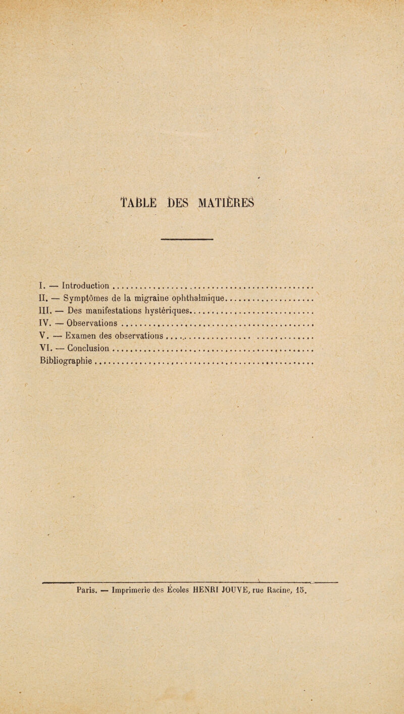 table des matières î. — Introduction. II. — Symptômes de la migraine ophthaimique III. — Des manifestations hystériques. IV. — Observations. V. — Examen des observations ..... VI. — Conclusion... Bibliographie.*. -------i__ Paris. — Imprimerie des Écoles HENRI JOUVE, rue Racine, 15.