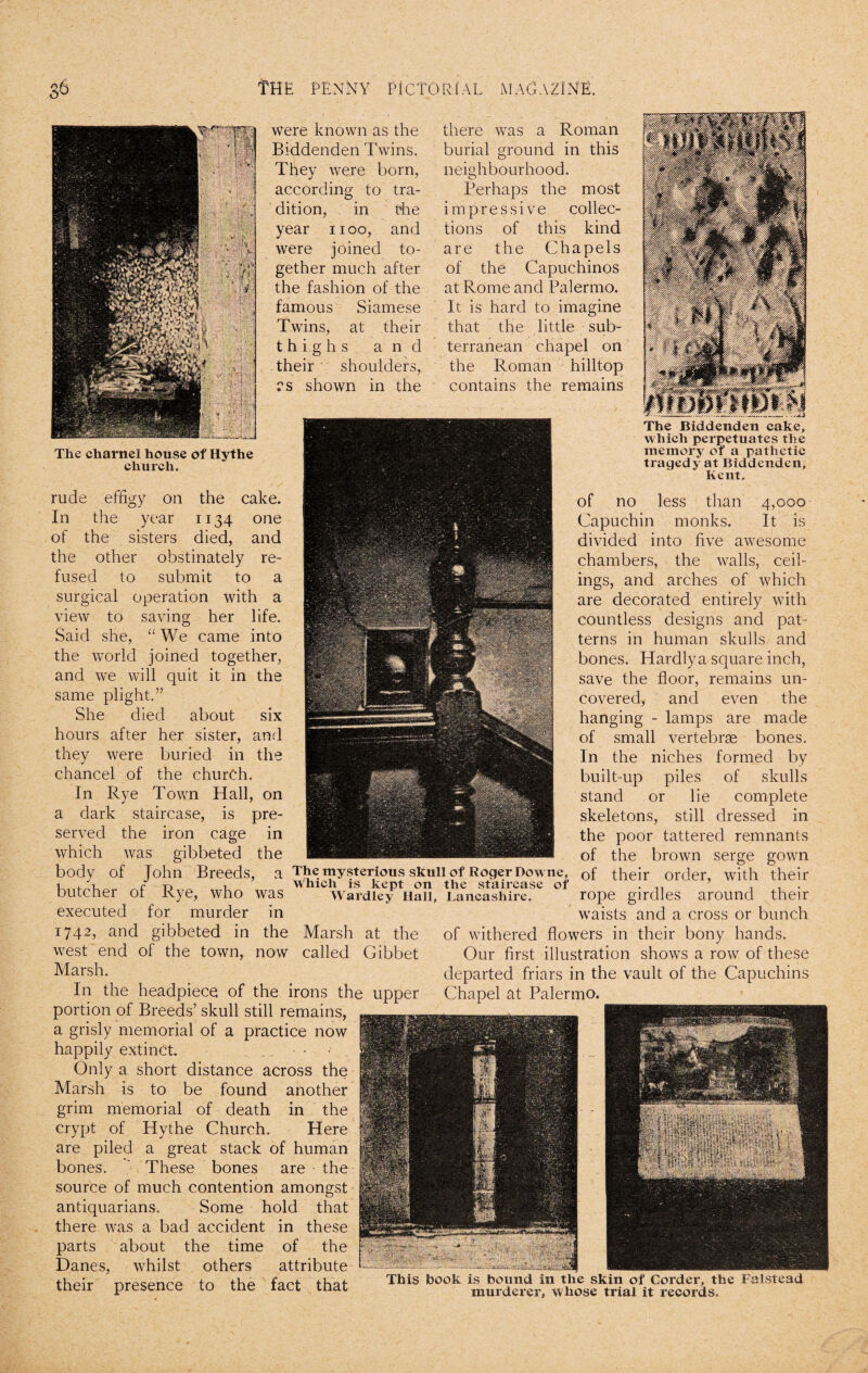 were known as the Biddenden Twins. They were born, according to tra¬ dition, in the year noo, and were joined to¬ gether much after the fashion of the famous Siamese Twins, at their thighs and their shoulders, rs shown in the there was a Roman burial ground in this neighbourhood. Perhaps the most impressive collec¬ tions of this kind are the Chapels of the Capuchinos at Rome and Palermo. It is hard to imagine that the little sub¬ terranean chapel on the Roman hilltop contains the remains The Biddenden cake, which perpetuates the memory of a pathetic tragedy at Biddenden, Kent. of no less than 4,000 Capuchin monks. It is divided into five awesome chambers, the walls, ceil¬ ings, and arches of which are decorated entirely with countless designs and pat¬ terns in human skulls and bones. Hardlya square inch, save the floor, remains un¬ covered, and even the hanging - lamps are made of small vertebrae bones. In the niches formed by built-up piles of skulls stand or lie complete skeletons, still dressed in the poor tattered remnants of the brown serge gown body of John Breeds, a The mysterious skull of Roger Downe, Gf their order, with their i.i r T) l which is kept on the staircase of ... . , . butcher ot Rye, who was Wardley Hall, Lancashire. rope girdles around their executed for murder in waists and a cross or bunch 1742, and gibbeted in the Marsh at the of withered flowers in their bony hands. west end of the town, now called Gibbet Our first illustration shows a row of these Marsh. departed friars in the vault of the Capuchins In the headpiece of the irons the upper Chapel at Palermo. portion of Breeds’ skull still remains, a grisly memorial of a practice now happily extinct. Only a short distance across the Marsh is to be found another grim memorial of death in the crypt of Hythe Church. Here are piled a great stack of human bones. ' These bones are the source of much contention amongst antiquarians. Some hold that there was a bad accident in these parts about the time of the Danes, whilst others attribute nrpcpnpp in font iLof This book is bound in the skin of Corder, the Falstead tneir presence to tne iact tnat murderer, whose trial it records. The charnel house of Hythe church. rude effigy on the cake. In the year 1134 one of the sisters died, and the other obstinately re¬ fused to submit to a surgical operation with a view to saving her life. Said she, “ We came into the world joined together, and we will quit it in the same plight.” She died about six hours after her sister, and they were buried in the chancel of the church. In Rye Town Hall, on a dark staircase, is pre¬ served the iron cage in which was gibbeted the