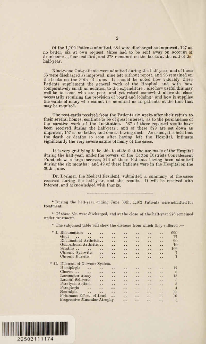 Of the 1,102 Patients admitted, 684 were discharged as improved, 127 as no better, six at own request, three had to be sent away on account of drunkenness, four had died, and 278 remained on the books at the end of the half-year. Ninety-one Out-patients were admitted daring the half-year, and of these 56 were discharged as improved, nine left without report, and 26 remained on the books on the 30th of June. It should be noted how valuably these Patients supplement the general work of the Hospital, and with how comparatively small an addition to the expenditure ; also how useful this may well be to some who are poor, and yet raised somewhat above the class necessarily requiring the provision of board and lodging ; and how it supplies the wants of many who cannot be admitted as In-patients at the time that may be required. The post-cards received from the Patients six weeks after their return to their several homes, continue to be of great interest, as to the permanence of the curative work of the Institution. 537 of these reported results have been received during the half-year; and of these 379 are set down as improved, 157 as no better, and one as having died. As usual, it is held that the death or deaths so soon after having left the Hospital, intimate significantly the very severe nature of many of the cases. It is very gratifying to be able to state that the use made of the Hospital during the half-year, under the powers of the Cotton Districts Convalescent Fund, shews a large increase, 246 of these Patients having been admitted during the six months ; and 42 of these Patients were in the Hospital on the 30th June. Dr. Lorimer, the Medical Resident, submitted a summary of the cases received during the half-year, and the results. It will be received with interest, and acknowledged with thanks. “During the half-year ending June 30th, 1,102 Patients were admitted for treatment. “ Of these 824 were discharged, and at the close of the half-year 278 remained under treatment. “ The subjoined table will shew the diseases from which they suffered :— “ I. Rheumatism .. .. .. .. .. .. .. 690 Gout. 17 Rheumatoid Arthritis.. .. .. .. .. .. 90 Gonorrhoeal Arthritis .. .. .. .. .. .. 10 Sciatica .. .. .. .. .. .. .. .. 106 Chronic Synovitis .. .. .. .. .. .. 7 Chronic Bursitis .. .. .. .. .. .. 1 “ II. Diseases of Nervous System. Hemiplegia Chorea Locomotor Ataxy Lateral Seleroris Paralysis Agitans Paraplegia Neuralgia Poisonous Effects of Lead Progressive Muscular Atrophy 17 5 13 5 3 4 11 10 L 22503111174