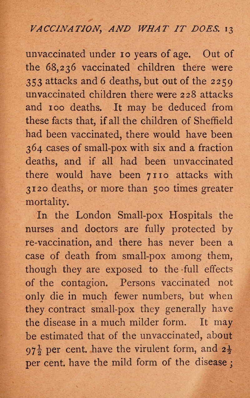 unvaccinated under 10 years of age. Out of the 68,236 vaccinated children there were 353 attacks and 6 deaths, but out of the 2259 unvaccinated children there were 228 attacks and 100 deaths. It may be deduced from these facts that, if all the children of Sheffield had been vaccinated, there wTould have been 364 cases of small-pox with six and a fraction deaths, and if all had been unvaccinated there would have been 7110 attacks with 3120 deaths, or more than 500 times greater mortality. In the London Small-pox Hospitals the nurses and doctors are fully protected by re-vaccination, and there has never been a case of death from small-pox among them, though they are exposed to the 'full effects of the contagion. Persons vaccinated not only die in much fewer numbers, but when they contract small-pox they generally have the disease in a much milder form. It may be estimated that of the un vaccinated, about 97J per cent, have the virulent form, and 2% per cent, have the mild form of the disease;