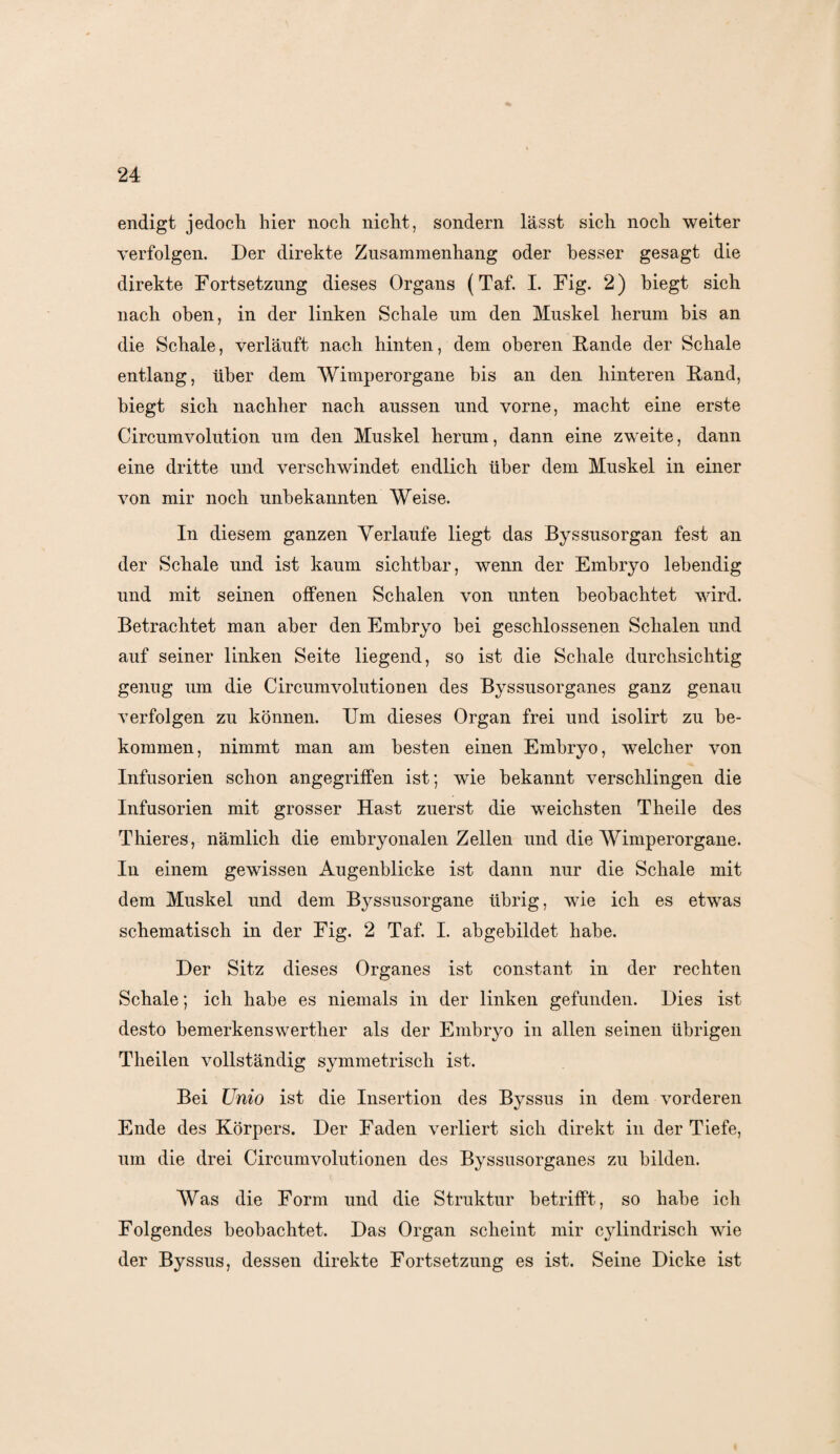 endigt jedoch hier noch nicht, sondern lässt sich noch weiter verfolgen. Der direkte Zusammenhang oder besser gesagt die direkte Fortsetzung dieses Organs (Taf. I. Fig. 2) biegt sich nach oben, in der linken Schale um den Muskel herum bis an die Schale, verläuft nach hinten, dem oberen Rande der Schale entlang, über dem Wimperorgane bis an den hinteren Rand, biegt sich nachher nach aussen und vorne, macht eine erste Circumvolution um den Muskel herum, dann eine zweite, dann eine dritte und verschwindet endlich über dem Muskel in einer von mir noch unbekannten Weise. In diesem ganzen Verlaufe liegt das Byssusorgan fest an der Schale und ist kaum sichtbar, wenn der Embryo lebendig und mit seinen offenen Schalen von unten beobachtet wird. Betrachtet man aber den Embryo hei geschlossenen Schalen und auf seiner linken Seite liegend, so ist die Schale durchsichtig genug um die Circumvolutionen des Byssusorganes ganz genau verfolgen zu können. Um dieses Organ frei und isolirt zu be¬ kommen, nimmt man am besten einen Embryo, welcher von Infusorien schon angegriffen ist; wie bekannt verschlingen die Infusorien mit grosser Hast zuerst die weichsten Theile des Thieres, nämlich die embryonalen Zellen und die Wimperorgane. In einem gewissen Augenblicke ist dann nur die Schale mit dem Muskel und dem Byssusorgane übrig, wie ich es etwas schematisch in der Fig. 2 Taf. I. ahgehildet habe. Der Sitz dieses Organes ist constant. in der rechten Schale; ich habe es niemals in der linken gefunden. Dies ist desto bemerkenswerther als der Embryo in allen seinen übrigen Theilen vollständig symmetrisch ist. Bei Unio ist die Insertion des Byssus in dem vorderen Ende des Körpers. Der Faden verliert sich direkt in der Tiefe, um die drei Circumvolutionen des Byssusorganes zu bilden. Was die Form und die Struktur betrifft, so habe ich Folgendes beobachtet. Das Organ scheint mir cylindrisch wie der Byssus, dessen direkte Fortsetzung es ist. Seine Dicke ist