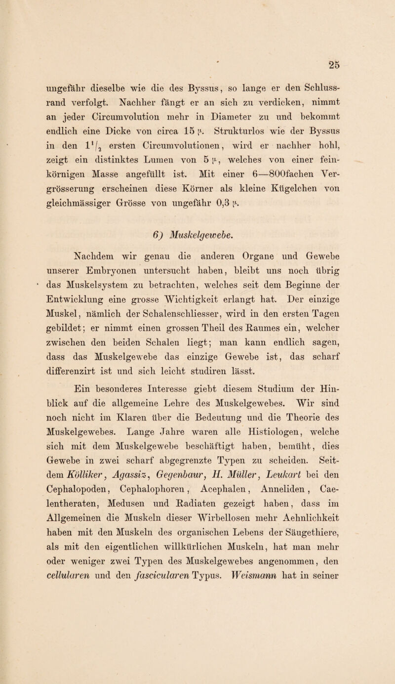 ungefähr dieselbe wie die des Byssus, so lange er den Schluss¬ rand verfolgt. Nachher fängt er an sich zu verdicken, nimmt an jeder Circumvolution mehr in Diameter zu und bekommt endlich eine Dicke von circa 15 p. Strukturlos wie der Byssus in den l1 /2 ersten Circumvolutionen, wird er nachher hohl, zeigt ein distinktes Lumen von 5 p, welches von einer fein¬ körnigen Masse angefüllt ist. Mit einer 6—ÖOOfaclien Ver- grösserung erscheinen diese Körner als kleine Kügelchen von gleichmässiger Grösse von ungefähr 0,3 p. 6) Muskelgewebe. Nachdem wir genau die anderen Organe und Gewebe unserer Embryonen untersucht haben, bleibt uns noch übrig * das Muskelsystem zu betrachten, welches seit dem Beginne der Entwicklung eine grosse Wichtigkeit erlangt hat. Der einzige Muskel, nämlich der Schalenschliesser, wird in den ersten Tagen gebildet; er nimmt einen grossen Theil des Baumes ein, welcher zwischen den beiden Schalen liegt; man kann endlich sagen, dass das Muskelgewebe das einzige Gewebe ist, das scharf differenzirt ist und sich leicht studiren lässt. Ein besonderes Interesse giebt diesem Studium der Hin¬ blick auf die allgemeine Lehre des Muskelgewebes. Wir sind noch nicht im Klaren über die Bedeutung und die Theorie des Muskelgewebes. Lange Jahre waren alle Histiologen, welche sich mit dem Muskelgewebe beschäftigt haben, bemüht, dies Gewebe in zwei scharf abgegrenzte Typen zu scheiden. Seit¬ dem Kölliker} Agassiz, Gegenbaur, H. Müller} Leukart hei den Cephalopoden, Cephalophoren, Acephalen, Anneliden, Cae- lentheraten, Medusen und Badiaten gezeigt haben, dass im Allgemeinen die Muskeln dieser Wirbellosen mehr Aehnlichkeit haben mit den Muskeln des organischen Lebens der Säugethiere, als mit den eigentlichen willkürlichen Muskeln, hat man mehr oder weniger zwei Typen des Muskelgewebes angenommen, den cellularen und den fascicularen Typus. Weismann hat in seiner