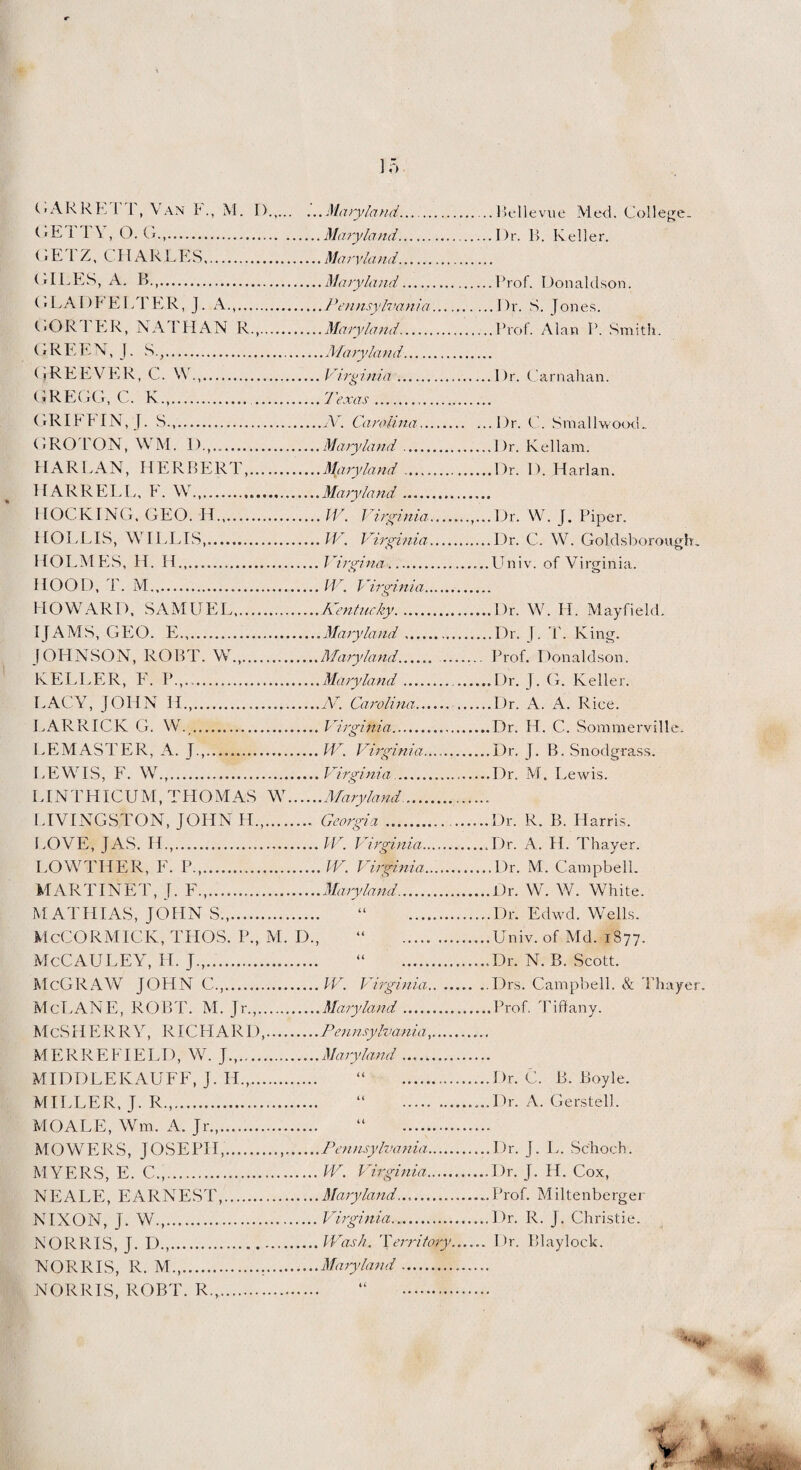GARRE l T, Van F., M. I).,.Maryland. GE 1 1 \ , O. G.,.Maryland. GE 1 Z, C IT ARLES.Maryland. GILES, A. B.,.Maryland-. (»LA I )F E LT ER, J. A .Pennsylvania.... GORTER, NATHAN R,.Maryland. GREEN, J. S.,.Maryland. (jREEVER, C. W .Virg ini a. GREGG, C. K... .7'exas. GRIFFIN, J. S. .A’. Carolina. GROTON, WM, I).,.Maryland .. HARLAN, HERBERT,.Mary la. nd. HARRELL, F. W...Maryland. HOCKING. GEO. H.IV. Virginia.... HOLLIS, WILLIS,. .W. Virginia.... HOLMES, H. IL,.Virgins. HOOD, T. M. ..IV. Virginia. HOWARD, SAMUEL.Kentucky. I JAMS, GEO. E.Maryland. JOHNSON, ROBT. W.,.Maryland. KELLER, F. P.,.,.Maryland. LACY, JOHN H.,.JV. Carolina. LARRICK G. W. .Virginia. REMASTER, A. J.,.W. Virginia. LEWIS, F. W.,. .Virginia.. ITNTHICUM, THOMAS W.Maryland. LIVINGSTON, JOHN H.,. ... Georgia . I.OVE, JAS. H .,...W. Virginia. LOWTHER, F. P.,.IV. Virginia. MARTINET, J. F.,.Maryland. MATHIAS, JOHN S.,. “ . McCORMICK, THOS. P., M. D., McCauley, it. j.,. “ . McGRAW JOHN C,.W. Virginia.... McLANE, ROBT. M. Jr.,.Maryland. McS H ER RY, RICHAR D,.Pennsylvania,.... MERREFIELD, W. J.Maryland. MIDDLEKAUFF, j. H.,. “ . MILLER, J. R.,. “ . MOALE, Wm. A. Jr.,. “ . MOWERS, JOSEPH,.,.Pennsylvania M YERS, E. C.,.W. Virginia. NEALE, EARNEST,.Maryland.... NIXON, J. W.,...Virginia. NORRIS, J. D.,.Wash. Territory. NORRIS, R. M.,...Maryland. NORRIS, ROBT. R.. Bellevue Med. College- Dr. B. Keller. .Prof. Donaldson. . I )r. S. Jones. .Prof. Alan P. Smith. Dr. Carnahan. . Dr. C. Smallwood. . 1 )r. K el lam. .Dr. 1). Harlan. Dr. W. J. Piper. Dr. C. W. Goldsboroiigh. PTniv. of Virginia. .Dr. W. H. Mayfield. ,Dr. J. T. King. Prof. Donaldson. Dr. J. G. Keller. Dr. A. A. Rice. Dr. H. C. Sommerville. Dr. J. B. Snodgrass. Dr. M. Lewis. ..Dr. R. B. Harris. ..Dr. A. H. Thayer. ...Dr. M. Campbell. ..Dr. W. W. White. ..Dr. Edwd. Wells. ..Univ. of Md. 1877. ..Dr. N. B. Scott. ..Drs. Campbell. & Thayer. ...Prof. Tiffany. .I)r. C. B. Boyle. .Dr. A. Gerstell. ..Dr. J. L. Schoch. ..Dr. J. H. Cox, ..Prof. Miltenberger ..Dr. R. J. Christie. . Dr. Blaylock.