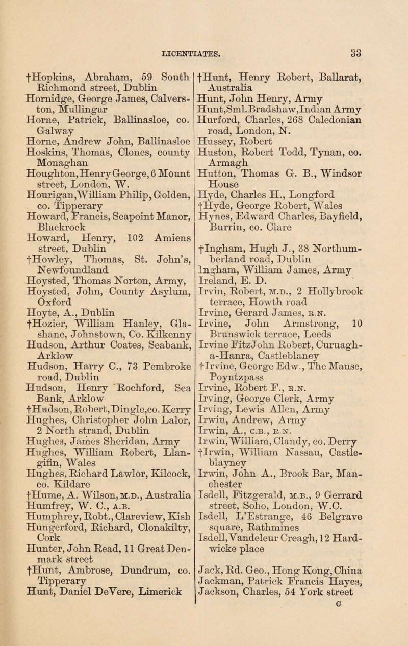 fHopkins, Abraham, 59 South Richmond street, Dublin Plornidge, George James, Calvers- ton, Mullingar Horne, Patrick, Ballinasloe, co. Galway Horne, Andrew John, Ballinasloe Hoskins, Thomas, Clones, county Monaghan Houghton, Henry George, 6 Mount street, London, W. Hourigan,William Philip, Golden, co. Tipperary Howard, Francis, Seapoint Manor, Blackrock Howard, Henry, 102 Amiens street, Dublin fHowley, Thomas, St. John’s, 1ST e wf oundland Hoysted, Thomas Norton, Army, Hoysted, John, County Asylum, Oxford Hoyte, A., Dublin fHozier, William Hanley, Gla- shane, Johnstown, Co. Kilkenny Hudson, Arthur Coates, Seabank, Arklow Hudson, Harry C., 73 Pembroke road, Dublin Hudson, Henry Rochford, Sea Bank, Arklow f Hudson, Robert, Dingle,co. Kerry Hughes, Christopher John Lalor, 2 North strand, Dublin Hughes, James Sheridan, Army Hughes, William Robert, Llan- gifin, Wales Hughes, Richard Lawlor, Kilcock, co. Kildare fHume, A. Wilson, m.d., Australia Humfrey, W. C., a.b. Humphrey, Robt., Clareview, Kish Hungerford, Richard, Clonakilty, Cork Hunter, John Read, 11 Great Den¬ mark street fHunt, Ambrose, Dundrum, co. Tipperary Hunt, Daniel DeVere, Limerick fHunt, Henry Robert, Ballarat, Australia Hunt, John Henry, Army Hunt,Sml.Bradshaw,Indian Army Hurford, Charles, 268 Caledonian road, London, N. Hussey, Robert Huston, Robert Todd, Tynan, co. Armagh Hutton, Thomas G. B., Windsor House Hyde, Charles H., Longford fHyde, George Robert, Wales Hynes, Edward Charles, Bayfield, Burrin, co. Clare flngham, Hugh J., 38 Northum¬ berland road, Dublin Ingham, William James, Army Ireland, E. D. Irvin, Robert, m.d., 2 Hollybrook terrace, Howth road Irvine, Gerard James, e.n. Irvine, John Armstrong, 10 Brunswick terrace, Leeds Irvine FitzJohn Robert, Curuagli- a-Hanra, Castleblaney f Irvine, George Edw., The Manse, Poyntzpass Irvine, Robert F., b.n. Irving, George Clerk, Army Irving, Lewis Allen, Army Irwin, Andrew, Army Irwin, A., c.b., b.n. Irwin, William, Clandy, co. Derry fIrwin, William Nassau, Castle- blayney Irwin, John A., Brook Bar, Man¬ chester Isdell, Fitzgerald, m.b., 9 Gerrard street, Soho, London, W.C. Isdell, L’Estrange, 46 Belgrave square, Rathmines Isdell, Vandeleur Creagh, 12 Hard- wicke place Jack, Rd. Geo., Hong Kong, China Jackman, Patrick Francis Hayes, Jackson, Charles, 54 York street c