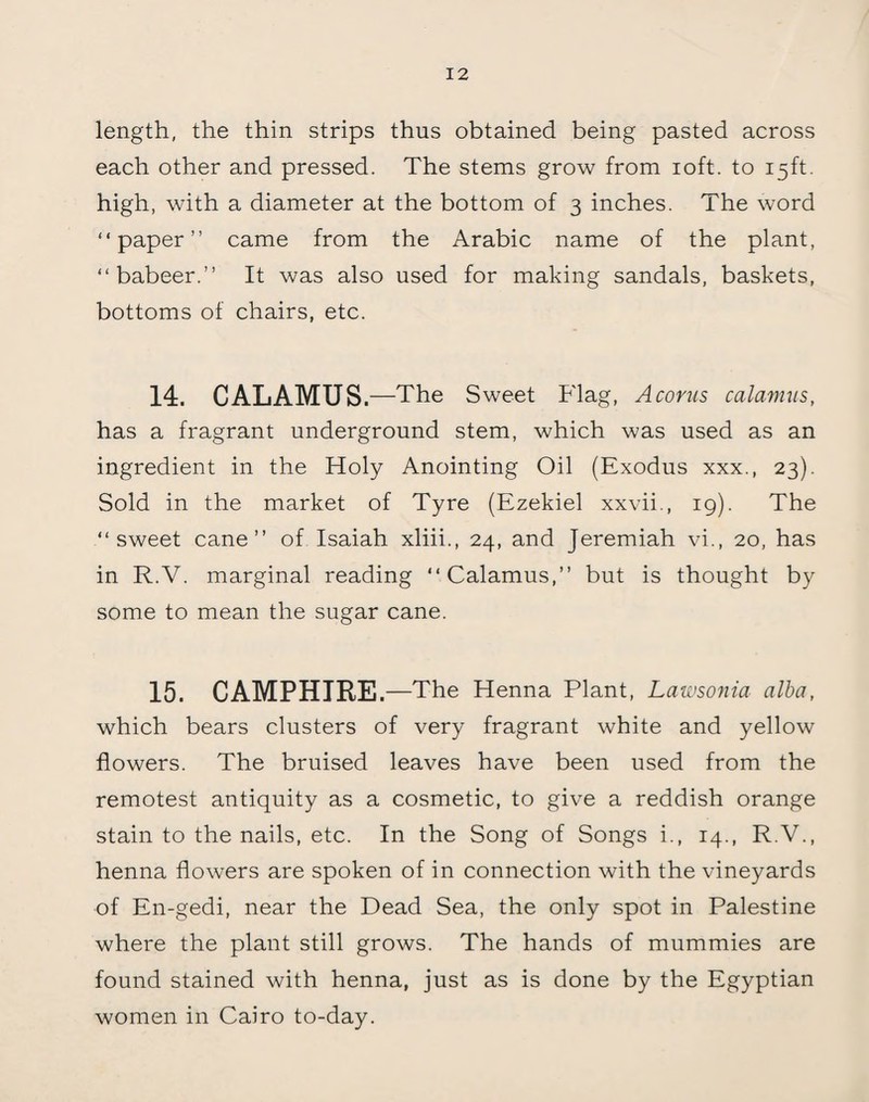 length, the thin strips thus obtained being pasted across each other and pressed. The stems grow from ioft. to 15ft. high, with a diameter at the bottom of 3 inches. The word “paper” came from the Arabic name of the plant, “ babeer.” It was also used for making sandals, baskets, bottoms of chairs, etc. 14. CALAMUS. —The Sweet Flag, A corns calamus, has a fragrant underground stem, which was used as an ingredient in the Holy Anointing Oil (Exodus xxx., 23). Sold in the market of Tyre (Ezekiel xxvii., 19). The “sweet cane” of Isaiah xliii., 24, and Jeremiah vi., 20, has in R.V. marginal reading “Calamus,” but is thought by some to mean the sugar cane. 15. CAMPHIRE. —The Henna Plant, Lawsonia alba, which bears clusters of very fragrant white and yellow flowers. The bruised leaves have been used from the remotest antiquity as a cosmetic, to give a reddish orange stain to the nails, etc. In the Song of Songs i., 14., R.V., henna flowers are spoken of in connection with the vineyards of En-gedi, near the Dead Sea, the only spot in Palestine where the plant still grows. The hands of mummies are found stained with henna, just as is done by the Egyptian women in Cairo to-day.