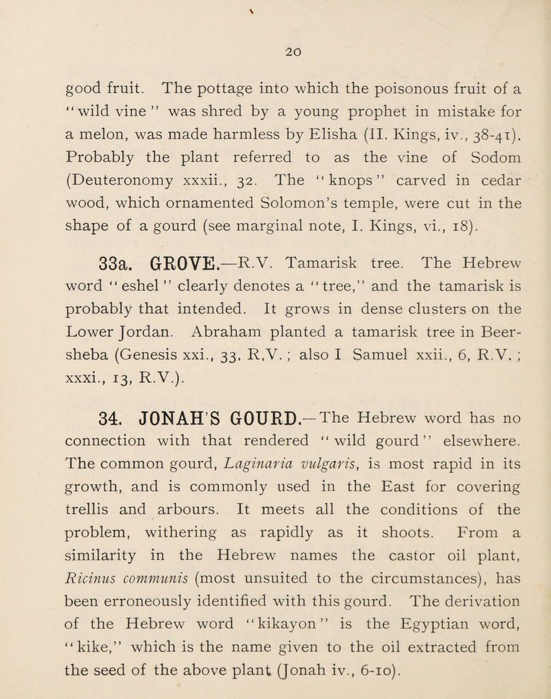 good fruit. The pottage into which the poisonous fruit of a “wild vine” was shred by a young prophet in mistake for a melon, was made harmless by Elisha (II. Kings, iv., 38-41). Probably the plant referred to as the vine of Sodom (Deuteronomy xxxii., 32. The “ knops ” carved in cedar wood, which ornamented Solomon’s temple, were cut in the shape of a gourd (see marginal note, I. Kings, vi., 18). 33a. GROVE. —R.V. Tamarisk tree. The Hebrew word “ eshel ” clearly denotes a “ tree,” and the tamarisk is probably that intended. It grows in dense clusters on the Lower Jordan. Abraham planted a tamarisk tree in Beer- sheba (Genesis xxi., 33, R,V.; also I Samuel xxii., 6, R.V. ; xxxi., 13, R.V.). 34. JONAH’S GOURD. — The Hebrew word has no connection with that rendered “wild gourd” elsewhere. The common gourd, Laginaria vulgaris, is most rapid in its growth, and is commonly used in the East for covering trellis and arbours. It meets all the conditions of the problem, withering as rapidly as it shoots. From a similarity in the Hebrew names the castor oil plant, Ricinus communis (most unsuited to the circumstances), has been erroneously identified with this gourd. The derivation of the Hebrew word “kikayon” is the Egyptian word, “kike,” which is the name given to the oil extracted from the seed of the above plant (Jonah iv., 6-10).
