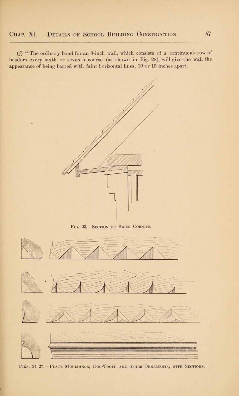 (j) “The ordinary bond for an 8-inch wall, which consists of a continuous row of headers every sixth or seventh course (as shown in Fig. 28), will give the wall the appearance of being barred with faint horizontal lines, 10 or 15 inches apart. Figs. 24-27.— Plate Mouldings, Dog-Tooth and other Ornaments, with Sections.