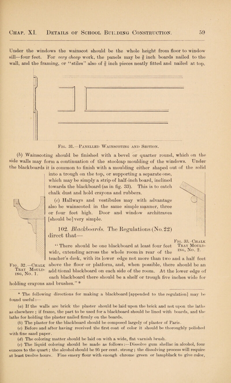 Under the windows the wainscot should be the whole height from floor to window sill—four feet. For very cheap work, the panels may be § inch boards nailed to the wall, and the framing, or “stiles” also of § inch pieces neatly fitted and nailed at top. Fig. 31.—Panelled Wainscoting and Section. (b) Wainscoting should be finished with a bevel or quarter round, which on the side walls may form a continuation of the stoolcap moulding of the windows. Under the blackboards it is common to finish with a moulding either shaped out of the solid into a trough on the top, or supporting a separate one, which may be simply a strip of half-inch board, inclined towards the blackboard (as in fig. 33). This is to catch chalk dust and hold crayons and rubbers. (c) Hallways and vestibules may with advantage also be wainscoted in the same simple manner, three or four feet high. Door and window architraves [should be] very simple. 102. Blackboards. The Regulations (No. 22) direct that— Fig. 33.-Chalk Tray Mould¬ ing, No. 2. “ There should be one blackboard at least four feet wide, extending across the whole room in rear of the teacher’s desk, with its lower edge not more than two and a half feet Chalk above the floor or platform, and, when possible, there should be an additional blackboard on each side of the room. At the lower edge of O each blackboard there should be a shelf or trough five inches wide for o holding crayons and brushes.” * Fig. 32. Tray Mould¬ ing, No. 1. * The following directions for making a blackboard [appended to the regulation] may be found useful:— (а) If the walls are brick the plaster should be laid upon the brick and not upon the laths as elsewhere ; if frame, the part to be used for a blackboard should be lined with boards, and the laths for holding the plaster nailed firmly on the boards. (б) The plaster for the blackboard should be composed largely of plaster of Paris. (c) Before and after having received the first coat of color it should be thoroughly polished with fine sand paper. (d) The coloring matter should be laid on with a wide, flat varnish brush. (e) The liquid coloring should be made as follows:—Dissolve gum shellac in alcohol, four ounces to the quart; the alcohol should be 95 per cent. strong ; the dissolving process will require at least twelve hours. Fine emery flour with enough chrome green or lampblack to give color,