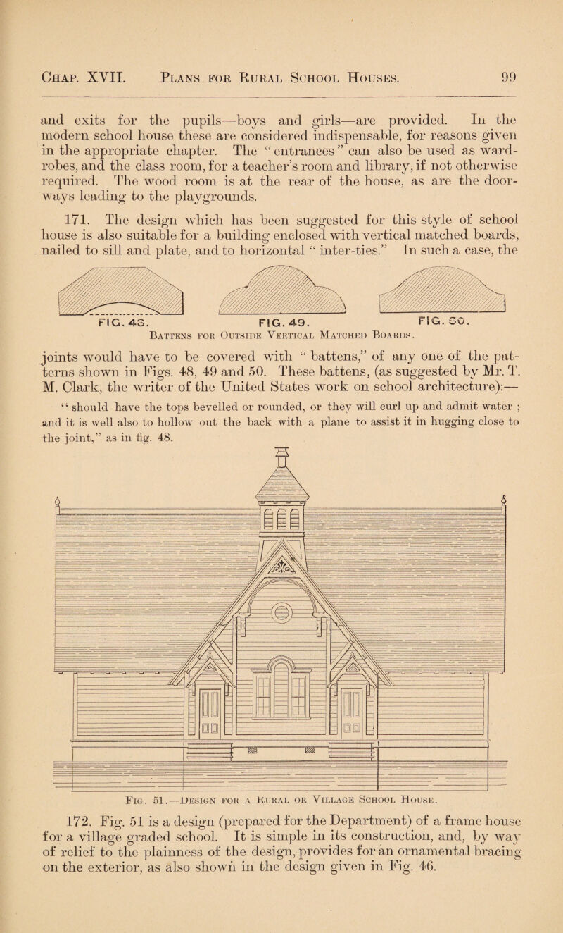 and exits for the pupils—boys and girls—are provided. In the modern school house these are considered indispensable, for reasons given in the appropriate chapter. The “ entrances ” can also be used as ward¬ robes, and the class room, for a teacher’s room and library, if not otherwise required. The wood room is at the rear of the house, as are the door¬ ways leading to the playgrounds. 171. The design which has been suggested for this style of school house is also suitable for a building enclosed with vertical matched boards, nailed to sill and plate, and to horizontal “ inter-ties.” In such a case, the Outside Vertical Matched Boards. joints would have to be covered with “ battens,” of any one of the pat¬ terns shown in Figs. 48, 49 and 50. These battens, (as suggested by Mr. T. M. Clark, the writer of the United States work on school architecture):— “ should have the tops bevelled or rounded, or they will curl up and admit water : and it is well also to hollow out the back with a plane to assist it in hugging close to the joint,” as in tig. 48. 23 172. Fig. 51 is a design (prepared for the Department) of a frame house for a village graded school. It is simple in its construction, and, by way of relief to the plainness of the design, provides for an ornamental bracing- on the exterior, as also shown in the design given in Fig. 46.