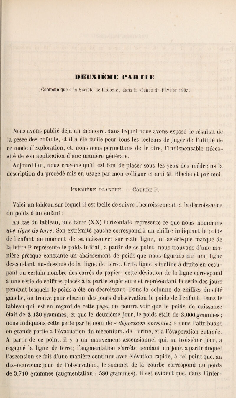 DEUXIÈME P4RTIE Communiqué à la Société île biologie, dans la séance de Février 1867. Nous avons publié déjà un mémoire, dans lequel nous avons exposé le résultat de la pesée des enfants, et il a été facile pour tous les lecteurs de juger de l’utilité de ce mode d’exploration, et, nous nous permettons de le dire, l’indispensable néces¬ sité de son application d’une manière générale. Aujourd’hui, nous croyons qu’il est bon de placer sous les yeux des médecins la description du procédé mis en usage par mon collègue et ami M. Bïache et par moi. Première planche. — Courre P. Voici un tableau sur lequel il est facile de suivre l’accroissement et la décroissance du poids d’un enfant : Au bas du tableau, une barre (X X) horizontale représente ce que nous nommons une ligne de terre. Son extrémité gauche correspond à un chiffre indiquant le poids de l’enfant au moment de sa naissance; sur cette ligne, un astérisque marqué de la lettre P représente le poids initial; à partir de ce point, nous trouvons d’une ma¬ nière presque constante un abaissement de poids que nous figurons par une ligne descendant au-dessous de la ligne de terre. Cette ligne s’incline à droite en occu¬ pant un certain nombre des carrés du papier; cette déviation de la ligne correspond à une série de chiffres placés à la partie supérieure et représentant la série des jours pendant lesquels le poids a été en décroissant. Dans la colonne de chiffres du côté gauche, on trouve pour chacun des jours d’observation le poids de l’enfant. Dans le tableau qui est en regard de cette page, on pourra voir que le poids de naissance était de 3,130 grammes, et que le deuxième jour, le poids était de 3,000 grammes ; nous indiquons cette perte par le nom de « dépression normale; » nous l’attribuons en grande partie à l’évacuation du méconium, de l’urine, et à l’évaporation cutanée. A partir de ce point, il y a un mouvement ascensionnel qui, au troisième jour, a regagné la ligne de terre; l’augmentation s’arrête pendant un jour, à partir duquel l’ascension se fait d’une manière continue avec élévation rapide, à tel point que, au dix-neuvième jour de l’observation, le sommet delà courbe correspond au poids de 3,710 grammes (augmentation : 580 grammes). Il est évident que, dans l’inter-