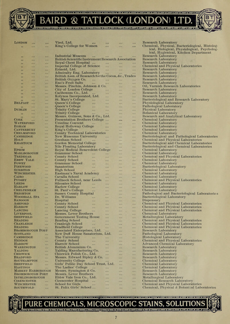 London Virol, Ltd. . • . • • • Research Laboratory 15 • • • ••• King’s College for Women * * * • • • Chemical, Physical, Bacteriological, Histolog¬ ical, Biological, Physiological, Psycholog¬ ical, Hygienical, Kitchen Department 5 5 * • • • * • Industrial Museum .. . Research Laboratory 5 5 • • • • • • British Scientific Instrument Research Association Research Laboratory 5 1 • • • ••• Royal Chest Hospital ... Research Laboratory 5 5 * * * * • * Imperial College of Science Chemical and Physical Laboratories 11 ••• ••• Erinoid, Ltd. Research Laboratory 5 5 • • • • • • Admiralty Eng. Laboratory Research Laboratory 5 5 • * • British Assn, of Research for the Cocoa, Ac. , Trades Research Laboratory 15 British Oxygen Co. Research Laboratory 5 5 • • • ••* Eno’s Fruit Salts Research Laboratory 55 • • • • • • Messrs. Pinchin, Johnson & Co. Oil, Varnish Research Laboratories 5 5 • • • ••• City of London College Research Laboratory 5 5 * • • ••• Caribonum Co., Ltd. Research Laboratory 5 5 • • • • • • Kolynos Incorporated, Ltd. Research Laboratory 55 • • • ••• St. Mary’s College Bacteriological and Research Laboratory Belfast ... Queen’s College Physiological Laboratory 55 Queen’s College Pathological Laboratory Dublin Trinity College Physical Laboratory 5 5 • • • • • • Trinity College Botanical Laboratory 5 5 Messrs. Guiness, Sons & Co., Ltd. Research and Analytical Laboratory Cork Presentation Brothers College ... Chemical Laboratory Waterford Ursuline Convent Chemical Laboratory Egham Royal Holloway College King’s College Chemical Laboratory Canterbury Chemical Laboratory Chelmsford County Technical Laboratories Chemical Laboratory Cambridge New Museums University Bacteriological and Pathological Laboratories Holt Gresham School Chemical and Physical Laboratories Khartoum Gordon Memorial College Bacteriological and Chemical Laboratories 55 Nile Floating Laboratory Bacteriological and Chemical Laboratories Epsom Royal Medical Benevolent College Chemical Laboratory Marlborough Grammar School Chemical Laboratory Tredegar County School Chemical and Physical Laboratories Ebbw Yale County School Chemical Laboratory Fowey Grammar School Chemical Laboratory PlNEWOOD Sanatorium Bacteriological Laboratory Surbiton High School Chemical Laboratory Winchester Eastman’s Naval Academy Chemical Laboratory Cairo Cavalla School Chemical Laboratory Pudsey Fullneck School, near Leeds Chemical and Physical Laboratories Leeds Silcoates School Chemical Laboratory Harlow Harlow College Chemical Laboratory Cheltenham St. Paul’s College Chemical Laboratory Brighton Sussex County Hospital Pathological and Bacteriological Laboratorie s Woodhall Spa Dr. Williams Bacteriological Laboratory Rangoon Hospital Dispensary Ashford County School Chemical and Physical Laboratories Harrow County School Chemical and Physical Laboratories Lancing Lancing College Chemical and Physical Laboratories Liverpool Messrs. Lever Brothers Chemical Laboratory Sheffield Government Testing House Metallurgical Laboratory Reading Reading School Chemical and Physical Laboratories Cranleigh Cranleigh School Chemical and Physical Laboratories Reading Bradfield College Chemical and Physical Laboratories Bromborough Port Associated Enterprises, Ltd. Research Laboratory Scotland New Duff House Sanatorium, Ltd. Pathological Laboratory Cambridge The University Histological Laboratory Hendon County School Chemical and Physical Laboratories Harrow Harrow School Advanced Chemical Laboratory Warrington British Aluminium Co. Research Laboratory Yalding Yalding Manufacturing Co. Research Laboratory Chiswick Chiswick Polish Co., Ltd. Research Laboratory Bradford Messrs. Edward Ripley & Co. ... Research Laboratory Southampton University College Chemical Laboratory Sheffield Girls’ Public Day School Trust, Ltd. Chemical Laboratory Hastings The Ladies’ College Chemical Laboratory Market Harborough Messrs. Symington & Co. Research Laboratory Bromborough Port Messrs. Lever Brothers Research Laboratory IRTHLINGBOROUGH Ebbw Yale Iron Co., Ltd. Metallurgical Laboratory Cirencester Cirencester Hospital ... School for Girls Chemical Research Laboratory Winchester Chemical and Physical Laboratories SOUTHWOLD St. Felix Girls’ School... Chemical, Physical & Botanical Laboratories PURE CHEMICALS, MICROSCOPIC STAINS, SOLUTIONS