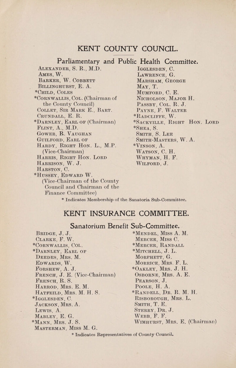 Parliamentary and Public Health Committee Alexander, S. R., M.D. Ames, W. Barker, W. Cobbett Billinghurst, E. A. *Child, Coles *Cornwallis, Col. (Chairman of the County Council) Collet, Sir Mark E., Bart. Crundall, E. R. *Darnley, Earl of (Chairman) Flint, A., M.D. Gower, R. Vaughan Guilford, Earl of Hardy, Right Hon. L., M.P. (Vice-Chairman) Harris, Right Hon. Lord Harrison, W. J. Harston, C. *Hussey, Edward W. (Vice-Chairman of the County Council and Chairman of the Finance Committee) Igglesden, C. Lawrence, G. Marsham, George May, T. Mumford, C. E. Nicholson, Major H. Passby, Col. R. J. Payne, F. Walter *Radcliffe, W. *Sackville, Right Hon. Lord *Shea, S. Smith, S. Lee Smith-Masters, W. A. *VlNSON, A. Watson, C. H. Whyman, H. F. WlLFORD, J. * Indicates Membership of the Sanatoria Sub-Committee. KENT INSURANCE COMMITTEE. Sanatorium Benefit Sub-Committee Bridge, J. J. Clarke, F. W. *Cornwallis, Col. *Darnley, Earl of Deedes, Mrs. M. Edwards, W. Forshew, A. J. French, J. E. (Vice-Chairman) French, R. S. Harrod, Mrs. E. M. Hatfeild, Mrs. M. H. S. *Igglesden, C. Jackson, Mrs. A. Lewis, A. Mabley, E. G. *Mann, Mrs. J. S. Masterman, Miss M. G. *Mendel, Miss A. M. Mercer, Miss C. *Mercer, Randall * Mitchell, J. L. Morphett, G. Morrice, Mrs. F. L. * Oakley, Mrs. J. H. Osborne, Mrs. A. E. Pearson, J. Poole, H. A. *Randell, Dr. R. M. H. Risborough, Mrs. L. Smith, T. E. Sterry, Dr. J. Webb, F. F. Wimhurst, Mrs. E. (Chairman) Indicates Representatives of County Council.
