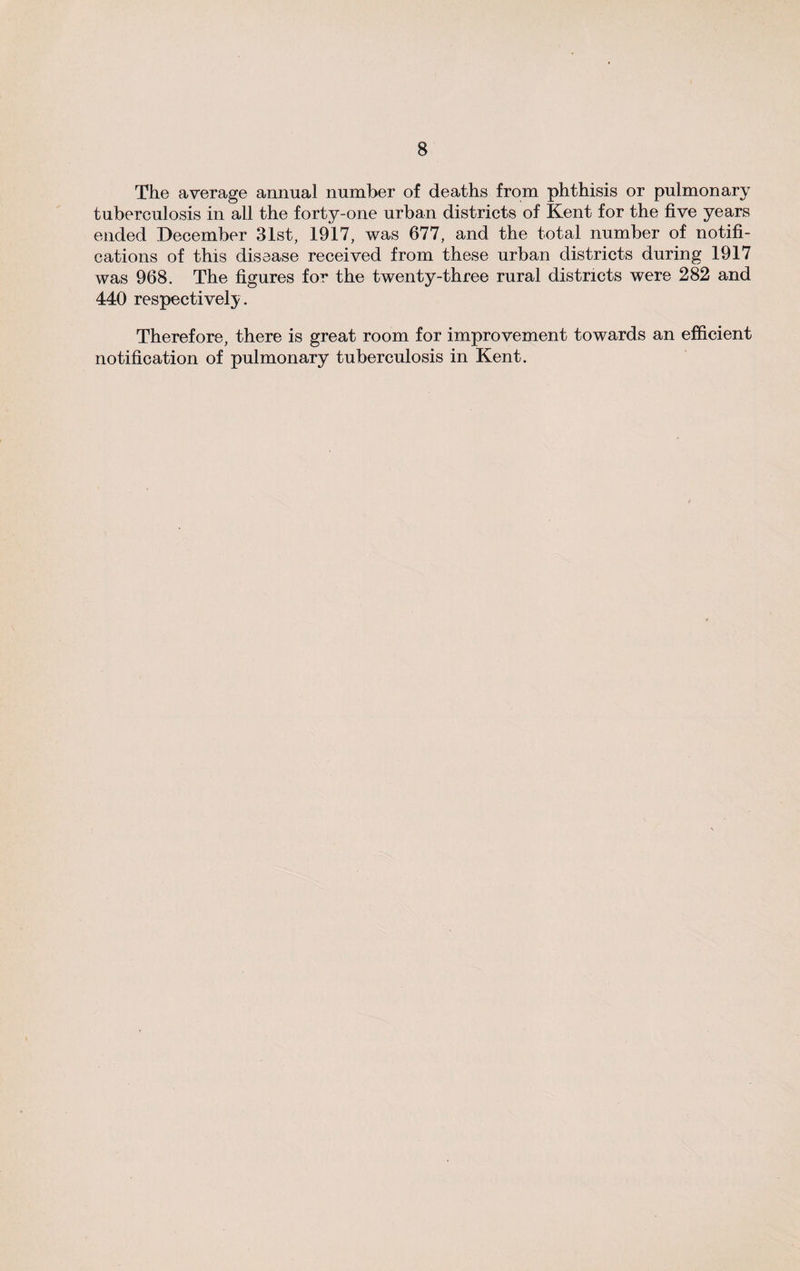 The average annual number of deaths from phthisis or pulmonary tuberculosis in all the forty-one urban districts of Kent for the five years ended December 31st, 1917, was 677, and the total number of notifi¬ cations of this disease received from these urban districts during 1917 was 968. The figures for the twenty-three rural districts were 282 and 440 respectively. Therefore, there is great room for improvement towards an efficient notification of pulmonary tuberculosis in Kent.