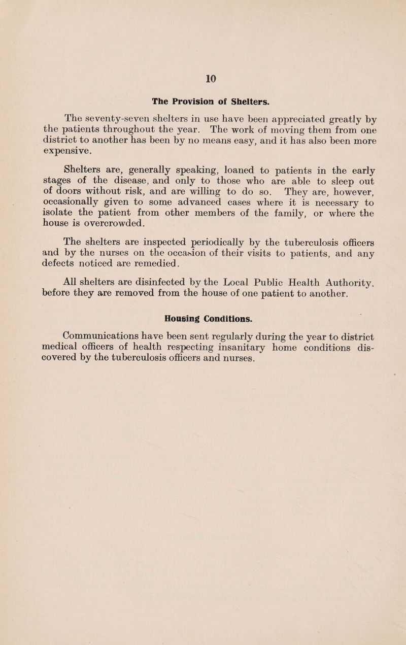 The Provision of Shelters. The seventy-seven shelters in use have been appreciated greatly by the patients throughout the year. The work of moving them from one district to another has been by no means easy, and it has also been more expensive. Shelters are, generally speaking, loaned to patients in the early stages of the disease, and only to those who are able to sleep out of doors without risk, and are willing to do so. They are, however, occasionally given to some advanced cases where it is necessary to isolate the patient from other members of the family, or where the house is overcrowded. The shelters are inspected periodically by the tuberculosis officers and by the nurses on the occasion of their visits to patients, and any defects noticed are remedied. All shelters are disinfected by the Local Public Health Authority, before they are removed from the house of one patient to another. Housing Conditions. Communications have been sent regularly during the year to district medical officers of health respecting insanitary home conditions dis¬ covered by the tuberculosis officers and nurses.