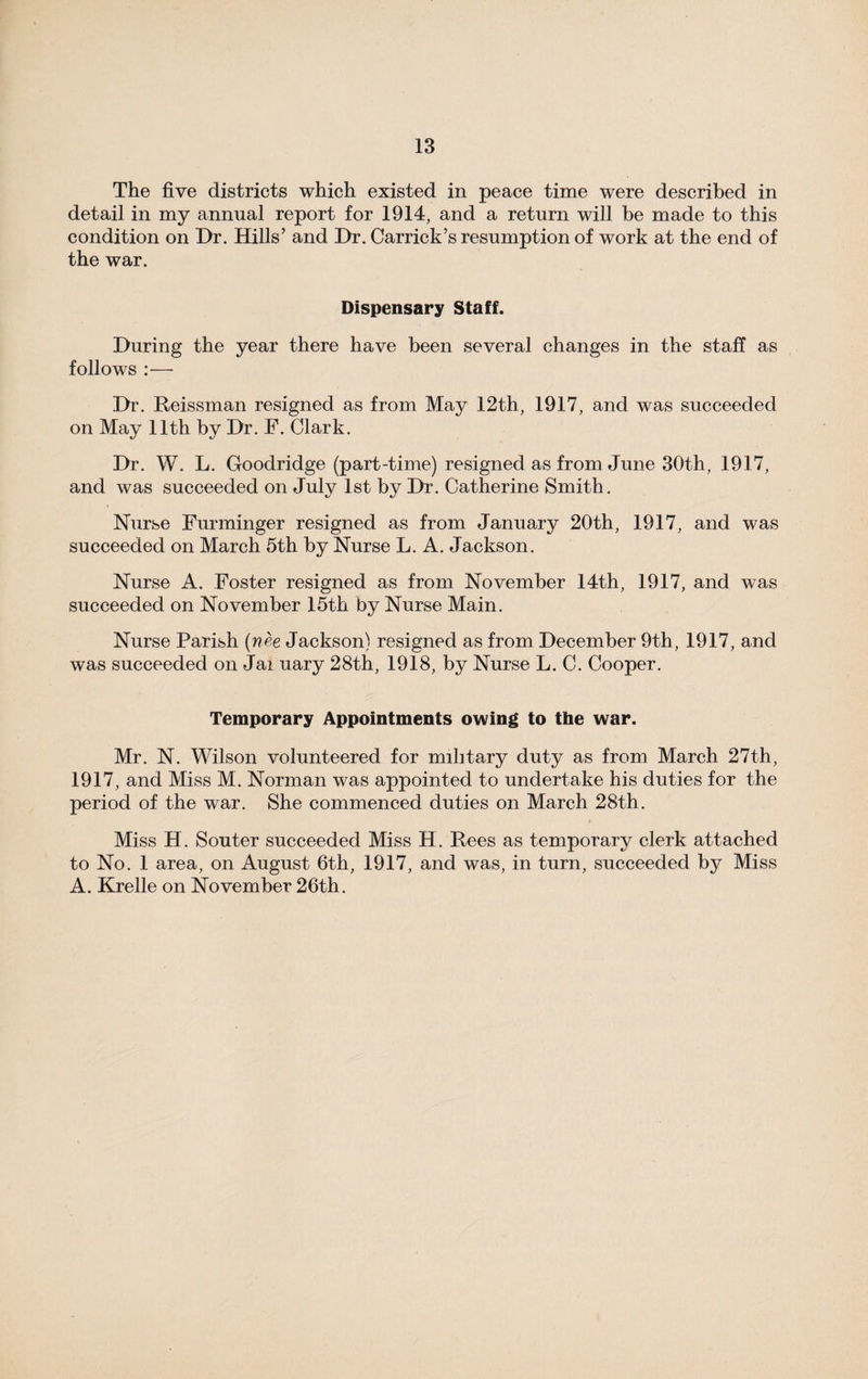 The five districts which existed in peace time were described in detail in my annual report for 1914, and a return will be made to this condition on Dr. Hills’ and Dr. Carrick’s resumption of work at the end of the war. Dispensary Staff. During the year there have been several changes in the staff as follows :— Dr. Reissman resigned as from May 12th, 1917, and was succeeded on May 11th by Dr. F. Clark. Dr. W. L. Goodridge (part-time) resigned as from June 30th, 1917, and was succeeded on July 1st by Dr. Catherine Smith. Nurse Furminger resigned as from January 20th, 1917, and was succeeded on March 5th by Nurse L. A. Jackson. Nurse A. Foster resigned as from November 14th, 1917, and was succeeded on November 15th by Nurse Main. Nurse Parish (nee Jackson) resigned as from December 9th, 1917, and was succeeded on Jai uary 28th, 1918, by Nurse L. C. Cooper. Temporary Appointments owing to the war. Mr. N. Wilson volunteered for military duty as from March 27th, 1917, and Miss M. Norman was appointed to undertake his duties for the period of the war. She commenced duties on March 28th. Miss H. Sou ter succeeded Miss H. Rees as temporary clerk attached to No. 1 area, on August 6th, 1917, and was, in turn, succeeded by Miss A. Krelle on November 26th.