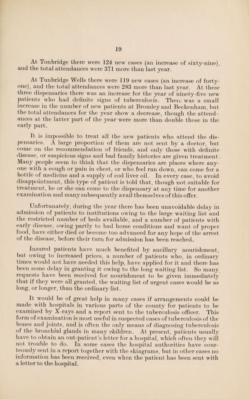 At Tonbridge there were 124 new cases (an increase of sixty-nine), and the total attendances were 371 more than last year. At Tunbridge Wells there were 119 new cases (an increase of forty- one), and the total attendances were 283 more than last year. At these three dispensaries there was an increase for the year of ninety-five new patients who had definite signs of tuberculosis. There was a small increase in the number of new patients at Bromley and Beckenham, but the total attendances for the year show a decrease, though the attend¬ ances at the latter part of the year were more than double those in the early part. It is impossible to treat all the new patients who attend the dis¬ pensaries. A large proportion of them are not sent by a doctor, but come on the recommendation of friends, and only those with definite disease, or suspicious signs and bad family histories are given treatment . Many people seem to think that the dispensaries are places where any¬ one with a cough or pain in chest, or who feel run down, can come for a bottle of medicine and a supply of cod liver oil. In every case, to avoid disappointment, this type of patient is told that, though not suitable for treatment, he or she can come to the dispensary at any time for another examination and many subsequently avail themselves of this offer. Unfortunately, during the year there has been unavoidable delay in admission of patients to institutions owing to the large waiting list and the restricted number of beds available, and a number of patients with early disease, owing partly to bad home conditions and want of proper food, have either died or become too advanced for any hope of the arrest of the disease, before their turn for admission has been reached. Insured patients have much benefited by ancillary nourishment, but owing to increased prices, a number of patients who, in ordinary times would not have needed this help, have applied for it and there has been some delay in granting it owing to the long waiting list. So many requests have been received for nourishment to be given immediately that if they were all granted, the waiting list of urgent cases would be as long, or longer, than the ordinary list. It would be of great help in many cases if arrangements could be made with hospitals in various parts of the county for patients to be examined by X-rays and a report sent to the tuberculosis officer. This form of examination is most useful in suspected cases of tuberculosis of the bones and joints, and is often the only means of diagnosing tuberculosis of the bronchial glands in many children. At present, patients usually have to obtain an out-patient’s ietter for a hospital, which often they will not trouble to do. In some cases the hospital authorities have cour¬ teously sent in a report together with the skiagrams, but in other cases no information has been received, even when the patient has been sent with a letter to the hospital.
