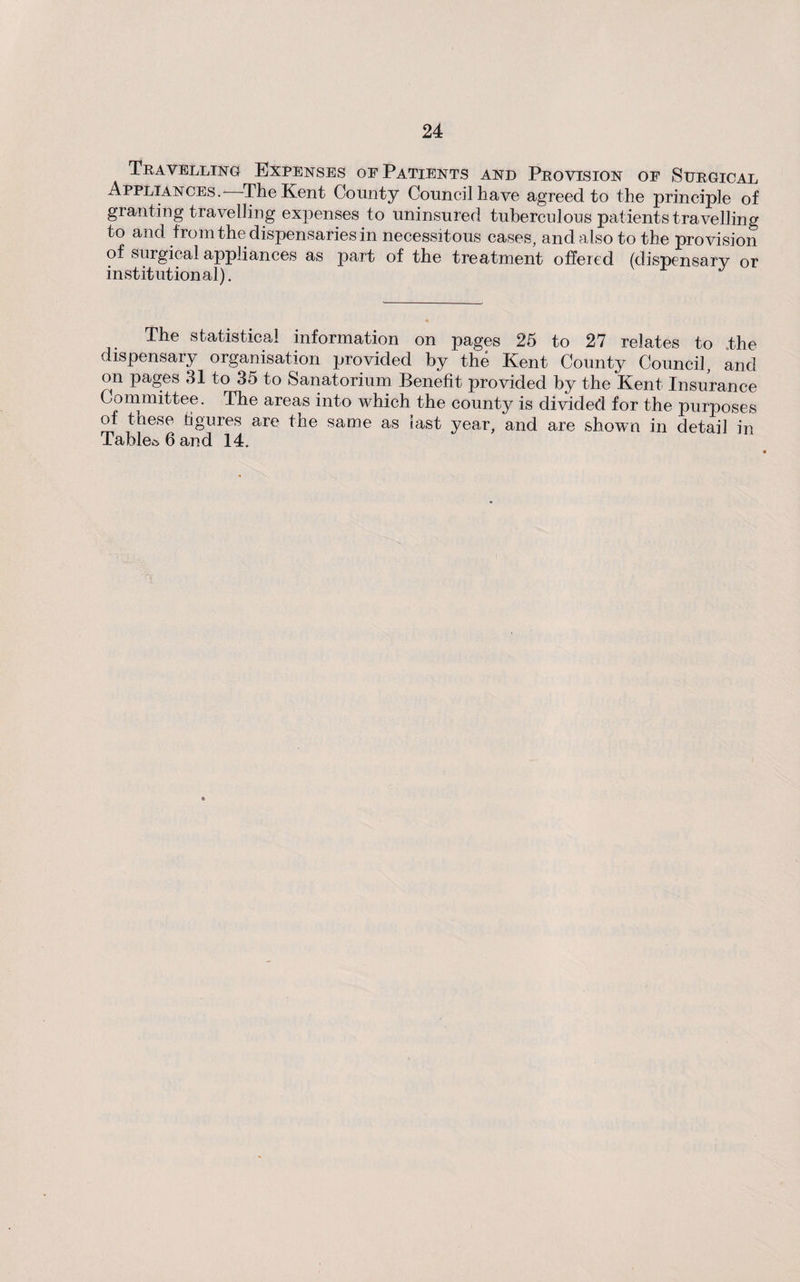 Travelling Expenses oe Patients and Provision op Surgical Appliances.—The Kent County Council have agreed to the principle of granting travelling expenses to uninsured tuberculous patients travelling to and from the dispensaries in necessitous cases, and also to the provision of surgical appliances as part of the treatment offered (dispensary or institutional). The statistical information on pages 25 to 27 relates to .the dispensary organisation provided by the Kent County Council, and on pages 31 to 35 to Sanatorium Benefit provided by the Kent Insurance Committee. The areas into which the county is divided for the purposes of these figures are the same as last year, and are shown in detail in Tables 6 and 14.