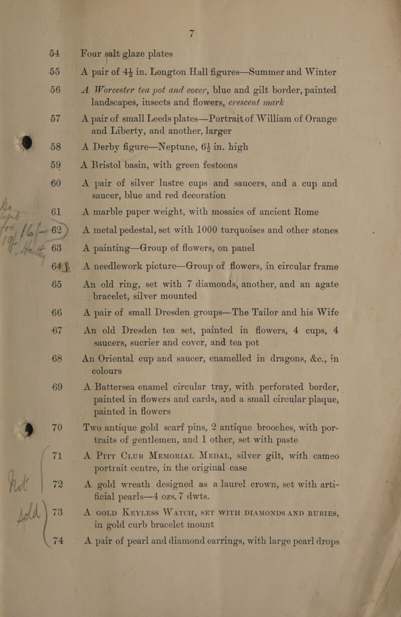 69 » 70  / 7 | 72 Ltd \ 73 74 Four salt glaze plates A pair of 44 in. Longton Hall figures—Summer and Winter A Worcester tea pot and cover, blue and gilt border, painted landscapes, insects and flowers, crescent mark A pair of small Leeds plates—Portrait of William of Orange and Liberty, and another, larger A Bristol basin, with green festoons A pair of silver lustre cups and saucers, and a cup and saucer, blue and red decoration A marble paper weight, with mosaics of ancient Rome A metal pedestal, set with 1000 turquoises and other stones A painting—Group of flowers, on panel A needlework picture—Group of flowers, in circular frame An old ring, set with 7 diamonds, another, and an agate bracelet, silver mounted . A pair of small Dresden groups—The Tailor and his Wife An old Dresden tea set, painted in flowers, 4 cups, 4 saucers, sucrier and cover, and tea pot An Oriental cup and saucer, enamelled in dragons, &amp;c., in colours painted in flowers and cards, and a small circular plaque, painted in flowers Two antique gold scarf pins, 2 antique brooches, with por- traits of gentlemen, and 1 other, set with paste A Prrr Crus MemoriaL Mepat, silver gilt, with cameo portrait centre, in the original case A gold wreath designed as a laurel crown, set with arti- A gotp Kuryiress WATCH, SET WITH DIAMONDS AND RUBIES, in gold curb bracelet mount A pair of pearl and diamond earrings, with large pearl drops on, - *