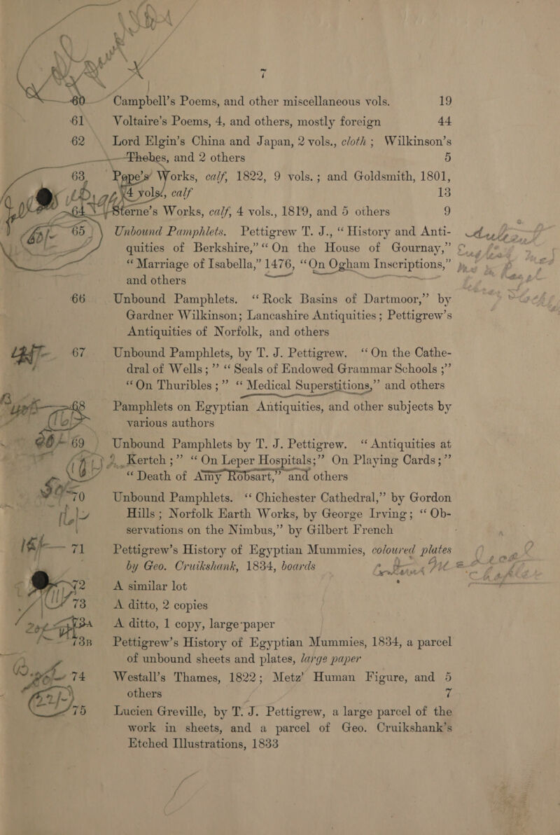 an a W a\./ Ned ws. ‘i ee | ~Campbell’s Poems, and other miscellaneous vols. 19 Voltaire’s Poems, 4, and others, mostly foreign 44 dita Elgin’s China and Japan, 2 vols., cloth ; Wilkinson’s 5 ea and 2 others 5 Z orks, calf, 1822, 9 vols.; and Goldsmith, 1801, 5 4 as i, calf 13 ~64 erne’s Works, calf, 4 vols., 1819, and 5 others 9 Unbound Pamphiets. Pettigrew T. J., ‘“ History and Anti- quities of Berkshire,” “On the House of Gournay,” “ Marriage of Isabella,” J478, “On Jn Ogham Hea ae and others 66 Unbound Pamphlets. “‘ Rock Basins of Dartmoor,” by Gardner Wilkinson; Lancashire Antiquities ; Pettigrew’s Antiquities of Norfolk, and others gsr , 7 Unbound Pamphlets, by T. J. Pettigrew. ‘‘ On the Cathe- od dral of Wells; ” “‘ Seals of Endowed Grammar Schools ;”’ “On Thuribles;” ‘‘ Medical Superstitions,” and others Pamphlets on Egyptian Antiquities, and other subjects by various authors as) _. Unbound Pamphlets by T. J. Pettigrew. “ Antiquities at oe / |. } 2..Aertch ;” “ On Leper pope itals;”? On Playing Cards; ”’ “Death of Amy Robsart,” . others ¥ = Unbound Pamphlets. ‘‘ Chichester Cathedral,” by Gordon Bis ts ft! i, Hills ; Norfolk Earth Works, by George Irving; ‘“ Ob- servations on the Nimbus,” by Gilbert French   A a —&gt; 08 Pettigrew’s History of Egyptian Mummies, coloured plates A similar lot A ditto, 2 copies A ditto, 1 copy, large-paper  By of unbound sheets and plates, darge paper eg 74 Westall’s Thames, 1822; Metz’ Human Figure, and 5 q 2f- others 7 75 Lucien Greville, by T. J. Pettigrew, a large parcel of the work in sheets, and a parcel of Geo. Cruikshank’s _ Etched Illustrations, 1833