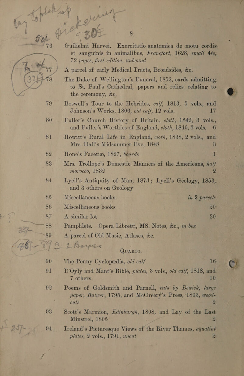 ff Ih : : Ay’ © - ar ' ‘i bi 5 Ms {} | a \ } % f a } bear petty 7. ” P| WY a ie &lt; aoe ~* ee 7 76 Guilielmi Harvei. Exercitatio anatomica de motu cordis. pee et sanguinis in animalibus, Prancfort, 1628, small 4to,. ri a oo 72 pages, first edition, unbound j by Faz ) A parcel of early Medical Tracts, Broadsides, &amp;c. - , Ue 48 The Duke of Wellington’s Funeral, 1852, cards admitting: 4 to St. Paul’s Cathedral, papers and relics relating to: \Z the ceremony, &amp;e. 79 Boswell’s Tour to the Hebrides, ca/f, 1818, 5 vols., and. Johnson’s Works, 1806, old calf, 12 vols. Wa 80 Fuller’s Church History of Britain, cloth, 1942, 3 vols., and Fuiler’s Worthies of England, c/oth, 1840, 3 vols. 6 81 Howitt’s Rural Life in England, cloth, 1838, 2 vols., and Mrs. Hall’s Midsummer Eve, 1848 we 82 Hone’s Facetiz, 1827, boards i} 83 Mrs. Trollope’s Domestic Manners of the Americans, ha/f morocco, 1832 2 84 Lyell’s Antiquity of Man, 1873; Lyell’s Geology, 1853, and 3 others on Geology 85 Miscellaneous books in 2 parcels 86 Miscellaneous books 20: 87 A similar lot 30) —~ 88 Pamphlets. Opera Libretti, MS. Notes, &amp;c., in bow Pogiek:. A parcel of Old Music, Atlases, Ke. f jp &amp; ; . CO 4 4 fa - f X : ? CBA LS -a +Frig i L~ iv eve &gt;&lt;A uy QuUARTO. 90 The Penny Cyclopzedia, old calf 16: 91 D’Oyly and Mant’s Bible, plates, 3 vols., old calf, 1818, and. 7 others 10 92 Peems of Goldsmith and Parnell, cuts by Bewick, large paper, Bulwer, 1795, and McGreery’s Press, 1803, wood- cuts 2 93 Scott’s Marmion, Edinburgh, 1808, and Lay of the Last Minstrel, 1805 2. 2.3 ]~ 94 Ireland’s Picturesque Views of the River Thames, aquatint