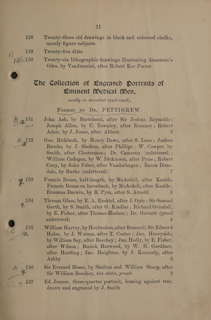 128 129 “(A130 134 9. d 135 th ‘3 A136 a 137 ( as. ' 4 11 Twenty-three old drawings in black and coloured chalks, mostly figure subjects Twenty-five ditto Twenty-six lithographic drawings illustrating Anacreon’s Odes, by Vandramini, after Robert Ker Porter Eminent Medical Men, mostly in mezzotint (unframed), ORMED BY Dr. PETTIGREW. nein” ~. John Ash, by Bartolo: After Sir Joshua Reynolds ; Joseph Allen, by C. Townley, after Romney; Robert Adair, by J. Jones, after Abbott 3 Geo. Birkbeck, by Henry Dawe, after 8. Lane; Joshua Brooks, by J. Skelton, after Phillips ; W. Cowper, by Smith, after Closterman; Dr. Cameron (unlettered) ; William Cadogan, by W. Dickinson, after Pyne ; Robert Cony, by John Faber, after Vanderhagen ; Baron Dims- dale, by Burke (unlettered) 7 Francis Douce, half-length, by McArdell, after Keable, Francis Douce on horseback, by McArdell, after Keable ; Erasmus Darwin, by B. Pym, after 8. Arnold 3 Thomas Glass, by E. A. Ezekiel, after J. Opie ; Sir Samuel Garth, by S. Smith, after G. Kneller ; Richard Grindall, : by E. Fisher, after Thomas Hudson ; Dr. Garnett (proof unlettered) r William Harvey, by Houbraken, after Bemmel; Sir Edward Hulse, by J. Watson, after T. Coates ; Jno. Heavyside, by William Say, after Beechey ; Jno. Hadly, by E. Fisher, after Wilson; Busick Harwood, by W. H. Gardiner, after Harding; Jno. Haighton, by J. Kennerly, after Ashby 6 Sir Everard Home, by Skelton and William Sharp, after Sir William Beechey, two states, proofs 2 Ed. Jenner, three-quarter portrait, leaning against tree, drawn and engraved by J. Smith ;