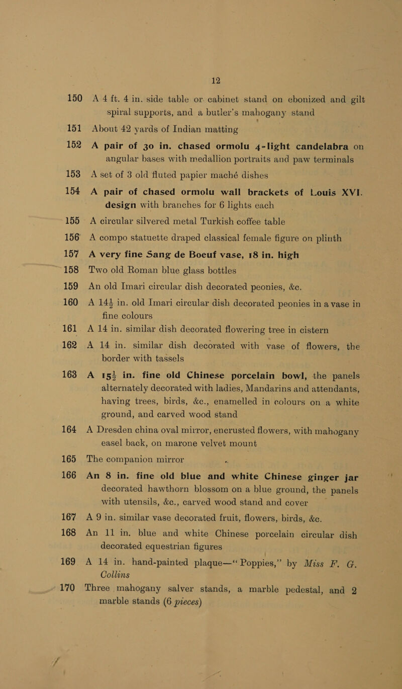 150 151 152 153 154 155 156 157 158 159 160 162 163 164 165 166 167 168 169 170 12 A 4 ft. 4 in. side table or. cabinet stand on ebonized and gilt spiral supports, and a butler’s mahogany stand About 42 yards of Indian matting | A pair of 30 in. chased ormolu 4-light candelabra on angular bases with medallion portraits and paw terminals A set of 3 old fluted papier maché dishes A pair of chased ormolu wall brackets of Louis XVI. design with branches for 6 lights each A circular silvered metal Turkish coffee table A compo statuette draped classical female figure on plinth A very fine Sang de Boeuf vase, 18 in. high Two old Roman blue glass bottles An old Imari circular dish decorated peonies, &amp;e. A 143 in. old Imari circular dish decorated peonies in a vase in fine colours A 14 in. similar dish decorated flowering tree in cistern A 14 in. similar dish decorated with vase of flowers, the border with tassels A 15% in. fine old Chinese porcelain bowl, the panels alternately decorated with ladies, Mandarins and attendants, having trees, birds, &amp;c., enamelled in colours on a white ground, and carved wood stand A Dresden china oval mirror, encrusted flowers, with mahogany easel back, on marone velvet mount The companion mirror An 8 in. fine old blue and white Chinese ginger jar decorated hawthorn blossom on a blue ground, the panels with utensils, &amp;c., carved wood stand and cover A 9 in. similar vase decorated fruit, flowers, birds, &amp;c. An 11 in. blue and white Chinese porcelain circular dish decorated equestrian figures A 14 in. hand-painted plaque—“ Poppies,” by Miss F. G. Collins | Three mahogany salver stands, a marble pedestal, and 2