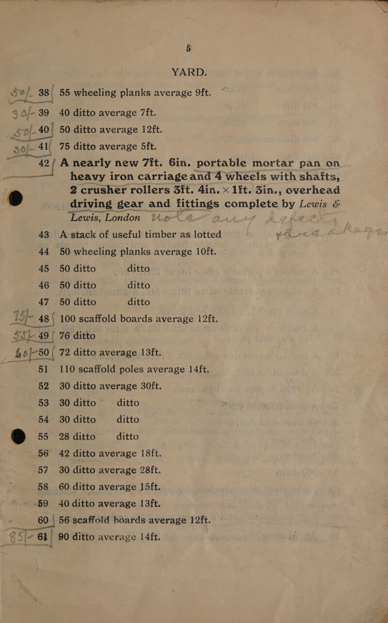 3 Me 39 Whiners 30/- = 41(  Emini 51 52 53 54 @ + 56 57 58 59 5 YARD. 55 wheeling planks average Oft. 40 ditto average 7ft. | 50 ditto average 12ft. 75 ditto average 5ft. A nearly new 7it. Gin. portable mortar pan on heavy iron carriage and 4 wheels with shafts, 2 crusher rollers 3it. 4in. x 1ft. 3in., overhead driving gear and fittings complete by, f Lewis &amp; “Lewis, ‘London i# | 7 A stack of useful timber as lotted vty _2¢ 50 ditto —— ditto 50 ditto ditto 50 ditto ditto 100 scaffold boards average 1 2ft. 110 scaffold poles average 14ft. 30 ditto average 30ft. 30 ditto _— ditto 30 ditto ditto 28 ditto ditto 42 ditto average 18ft. 30 ditto average 28ft. 40 ditto average 13ft. 1-0. a ees