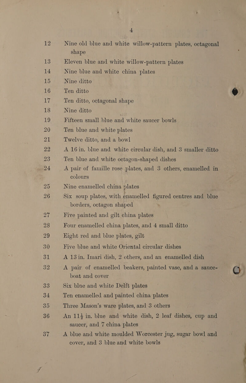 + Nine old blue and white willow-pattern plates, octagonal shape Eleven blue and white willow-pattern plates Nine blue and white china plates Nine ditto Ten ditto Ten ditto, octagonal shape Nine ditto Fifteen small blue and white saucer bowls Ten blue and white plates Twelve ditto, and a bowl A 16in. blue and white circular dish, and 3 smaller ditto Ten blue and white octagon-shaped dishes 7 A pair of famille rose plates, and 3 others, enamelled in colours Nine enamelled china »lates Six soup plates, with Faneidled figured centres and blue borders, octagon shaped Five painted and gilt china plates Four enamelled china plates, and 4 small ditto Eight red and blue plates, gilt Five blue and white Oriental circular dishes A 13 in. Imari dish, 2 others, and an enamelled dish A pair of enamelled beakers, painted vase, and a sauce- boat and cover Six blue and white Delft plates Ten enamelled and painted china plates Three Mason’s ware plates, and 3 others An 114 in. blue and white dish, 2 leaf dishes, cup and saucer, and 7 china plates A blue and white moulded Worcester jug, sugar bow] and cover, and 3 blue and white bowls i