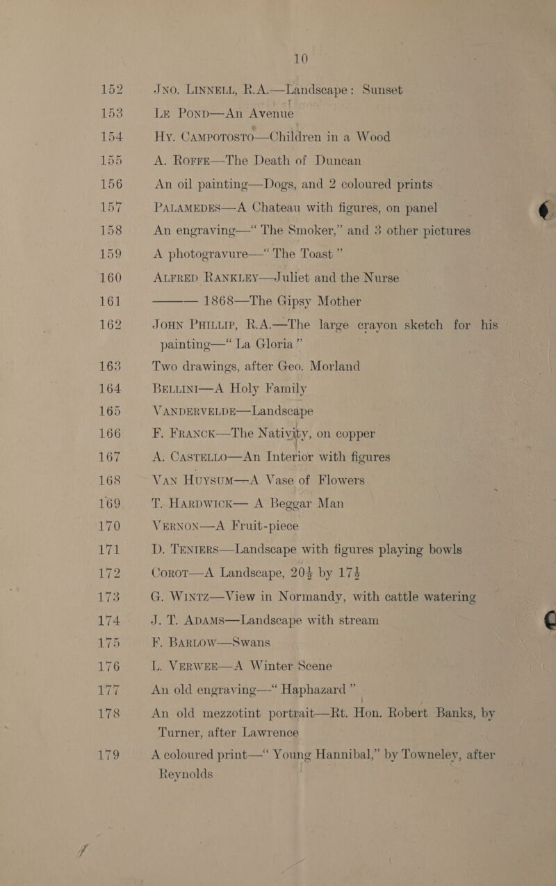 JNO. LINNELL, R.A.—Landscape: Sunset  Le Poyp—An Avenue Hy. Camporosto—Children in a Wood A. Rorre—The Death of Duncan An oil painting—Dogs, and 2 coloured prints PALAMEDES—-A Chateau with figures, on panel An engraving—* The Smoker,” and 3 other pictures A photogravure—* The Toast ” ALFRED RANKLEY—Juliet and the Nurse ——— 1868—The Gipsy Mother  JoHN Putturp, R.A.—The large crayon sketch for his ) painting—* La Gloria’ Two drawings, after Geo. Morland BELLINI—A Holy Family V ANDERVELDE— Landscape F. Franck—The N ativity, on copper. A. Casretto—An Interior with figures Van Huysum—A Vase of Flowers T. Harpwick— A Beggar Man VERNON—A Fruit-piece D. TenteErs—Landscape with figures playing bowls Corot—A Landscape, 904 by 174 G. Wintz—View in Normandy, with cattle watering J. T. ADAMS—Landscape with stream F. BARLOW—Swans  L. VERWEE—A. Winter Scene  An old engraving—“ Haphazard ” An old mezzotint portrait—Rt. Hon. Robert Banks, by Turner, after Lawrence A coloured print—‘‘ Young Hannibal,” by Towneley, after Reynolds