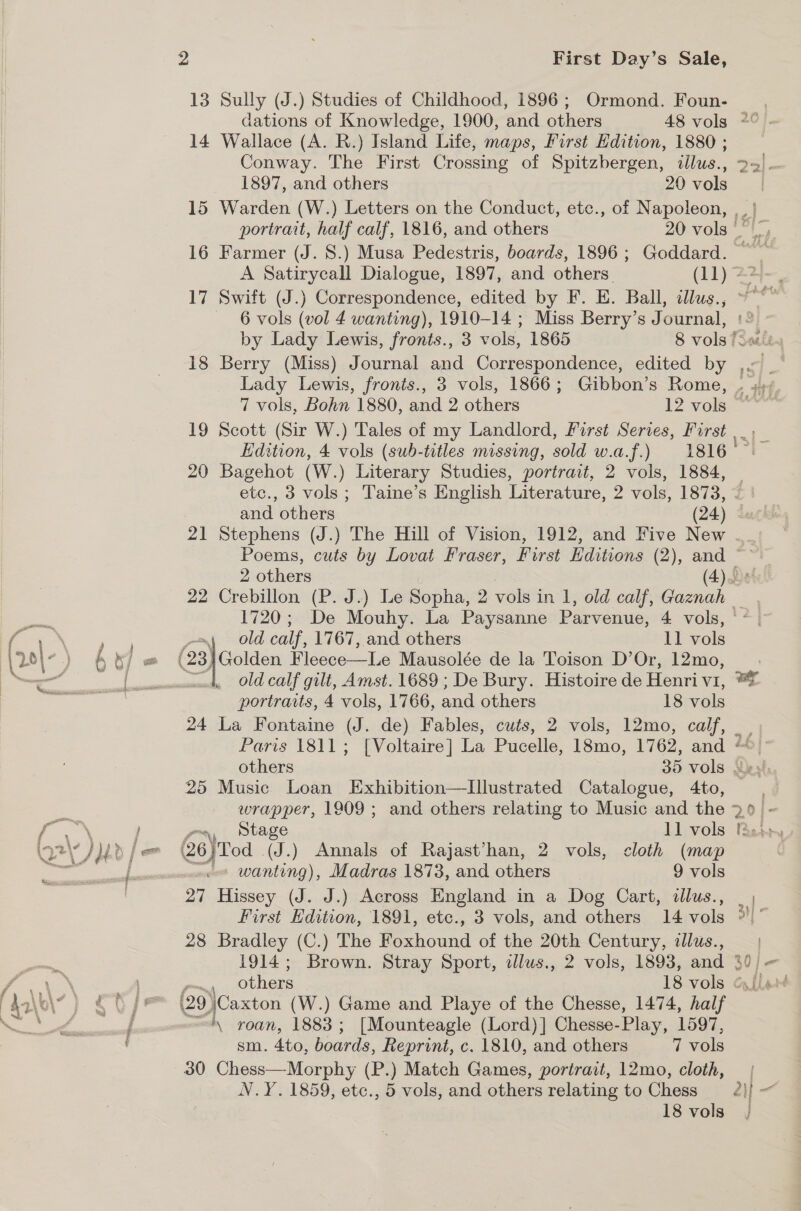 13 Sully (J.) Studies of Childhood, 1896; Ormond. Foun- dations of Knowledge, 1900, and others 48 vols 14 Wallace (A. R.) Island Life, maps, First Hdition, 1880 ; Conway. The First Crossing of Spitzbergen, dllus., 1897, and others 20 vols eke rs ot Be OD 3b ex te 16 Farmer (J. 8S.) Musa Pedestris, boards, 1896 ; Goddard. 6 vols (vol 4 wanting), 1910-14 ; Miss Berry’s Journal, 18 Berry (Miss) Journal and Correspondence, edited by Lady Lewis, fronts., 3 vols, 1866; Gibbon’s Rome, | e Ht. 2. Est 19 Scott (Sir W.) Tales of my Landlord, First Series, First Edition, 4 vols (sub-titles missing, sold w.a.f.) 1816 20 Bagehot (W.) Literary Studies, portrait, 2 vols, 1884, etc., 3 vols; Taine’s English Literature, 2 vols, 1873, si- 21 Stephens (J.) The Hill of Vision, 1912, and Five New iN FS | old calf, 1767, and others 11 vols | \20 \-) 66/7 = (23) Golden Fleece—Le Mausolée de la Toison D’ Or, 12mo, age sal [nd Old calf gilt, Amst. 1689 ; De Bury. Histoire de Henri VI, pea | portraits, 4 vols, 1766, and others 18 vols 24 La Fontaine (J. de) Fables, cuts, 2 vols, 12mo, calf, Paris 1811; [Voltaire] La Pucelle, 18mo, 1762, and Sr 25 Music Loan Exhibition—Lllustrated Catalogue, 4to, ee } oa, Stage 11 vols yal? Dad | 26}Tod - a .) Annals of Rajast’han, 2 vols, cloth (map # ‘ wanting), Madras 1873, and others 9 vols 27 Hissey (J. J.) Across England in a Dog Cart, illus., First Edition, 1891, etc., 3 vols, and others 14 vols 28 Bradley (C.) The Foxhound of the 20th Century, dllus., ' sm. 4to, boards, Reprint, c. 1810, and others 7 vols 30 Chess—-Morphy (P.) Match Games, portrait, 12mo, cloth, N.Y. 1859, etc., 5 vols, and others relating to Chess 18 vols