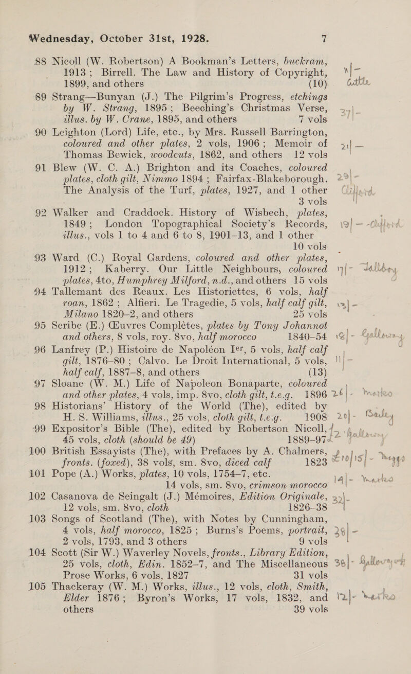 88 89 90 9 poy 93 94 95 96 OT 98 ‘99 “100 101 102 103 104 105 Nicoll (W. Robertson) A Bookman’s Letters, buckram, 1913; Birrell. The Law and History of Copyright, 1899, ‘and others (10) Strang—Bunyan (J.) The Pilgrim’s Progress, etchings by W. Strang, 1895; Beeching’s Christmas Verse, illus. by W. Crane, 1895, and others 7 vols Leighton (Lord) Life, etc., by Mrs. Russell Barrington, coloured and other plates, 2 vols, 1906; Memoir of Thomas Bewick, woodcuts, 1862, and others 12 vols Blew (W. C. A.) Brighton and its Coaches, coloured plates, cloth gilt, Nummo 1894; Fairfax-Blakeborough. The Analysis of the Turf, plates, 1927, and 1 other 3 vols 1849; London Topographical Society’s Records, allus., vols 1 to 4 and 6 to 8, 1901-13, and 1 other 10 vols Ward (C.) Royal Gardens, coloured and other plates, 1912; Kaberry. Our Little Neighbours, coloured plates, 4to, Humphrey Milford,n.d.,and others 15 vols Tallemant des Reaux. Les Historiettes, 6 vols, half roan, 1862; Alfieri. Le Tragedie, 5 vols, half calf gilt, Milano 1820-2, and others 25 vols Scribe (E.) Giuvres Completes, plates by Tony Johannot and others, 8 vols, roy. 8vo, half morocco 1840-54 Lanfrey (P.) Histoire de Napoléon Ie', 5 vols, half calf gilt, 1876-80 ; Calvo. Le Droit International, 5 vols, half calf, 1887-8, and others | (13) Sloane (W. M.) Life of Napoleon Bonaparte, colowred and other plates, 4 vols, imp. 8vo, cloth gilt, t.e.g. 1896 Historians’ History of the World (The), edited by H. 8. Williams, zllws., 25 vols, cloth gilt, t.e.g. 1908 Expositor’s Bible (The), edited by Robertson Nicoll, British Essayists (The), with Prefaces by A. Chalmers, Pope (A.) Works, plates, 10 vols, 1754-7, etc. 14 vols, sm. 8vo, crimson morecco Songs of Scotland (The), with Notes by Cunningham, 4 vols, half morocco, 1825; Burns’s Poems, portrait, Scott (Sir W.) Waverley Novels, fronts., Library Edition, Prose Works, 6 vols, 1827 31 vols Thackeray (W. M.) Works, illus., 12 vols, cloth, Smith, others 39 vols 21] — ol Mee t 3) — -00) wv, 7 ett 2 13] - 1% ne j 26 | f Ya gyi ey eet 20] - Darke 4 Ned :