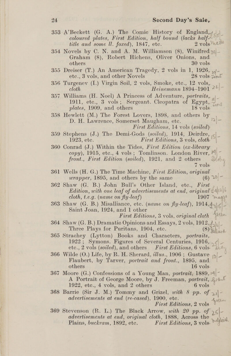 309 - 366 367 368 369 A’Beckett (G. A.) The Comic History of England,¥ | &lt;\- coloured plates, First Edition, half bound (lacks half. title and some ll. foxed), 1847, etc. 2 vols. At Novels by C. N. and A. M. Williamson (8), Winifred. 36|- Graham (8), Robert Hichens, Oliver Onions, and others 30 vols. Dreiser (T.) An American Tragedy, 2 vols in 1, 1926,. 20) - etc., 3 vols, and other Novels 28 vols Loud Turgenev (I.) Virgin Soil, 2 vols, Smoke, etc., 12 vols, cloth Heinemann 189 4-1901 2°!- Williams (H. Noel) A Princess of Adventure, portraits, \_ 1911, etc., 3 vols; Sergeant. Cleopatra of Egypt, of plates, 1909, and others 18 vols.” Hewlett (M.) The Forest Lovers, 1898, and others ee D. H. Lawrence, Somerset Maugham, etc. First Editions, 14 vols (soiled): Stephens (J.) The Demi-Gods (soiled), 1914, Deirdre,.-|_ 1923, etc. First Editions, 3 vols, cloth.'”| Conrad (J.) Within the Tides, First Edition (eu-lhbrary copy), 1915, etc., 4 vols ; Tomlinson. London River,. 4\- front., First Edition (soiled), 1921, and 2 others Dey 7 vols. J Wells (H. G.) The Time Machine, First Edition, original , wrapper, 1895, and others by the same (6) 20) ~ Shaw (G. B.) John Bull’s Other Island, etc., First , , Edition, with one leaf of advertisements at end, original &lt;4\\&gt;\° cloth, t.e.g. (name on fly-leaf) 1907 Y« “acy? ° Shaw (G. B.) Misalliance, etc. (name on fly-leaf), 1914 tals rae Saint Joan, 1924, and 1 other | First Hditions, 3 vols, original cloth — Three Plays for Puritans, 1904, etc. ge Deachey (Lytton) Books and Characters, portraits,. 1922; Symons. Figures of Several Centuries, 1916,, etc., 2 vols (soiled), and others First Editions, 6 vols.” | :! \ Wilde (O.) Life, by R. H. Sherard, alus., 1906 ; Gustave p|- : Flaubert, by Tarver, portrait and front., 1895, and. others 16 vols. Moore (G.) Confessions of a Young Man, portrait, 1889, 14|- A Portrait of George Moore, by J. Freeman, portrait, 2:6 1922, ete., 4 vols, and 2 others 6 vols © Barrie (Sir J. M.) Tommy and Grizel, with &amp; pp. of advertisements at end (re-cased), 1900, etc. First Editions, 2 vols. Stevenson (R. L.) The Black Arrow, with 20 pp. of &gt; - advertisements at end, original cloth, 1888, Across we tral Plains, buckram, 1892, etc. First Editions, 3 vols: yi .