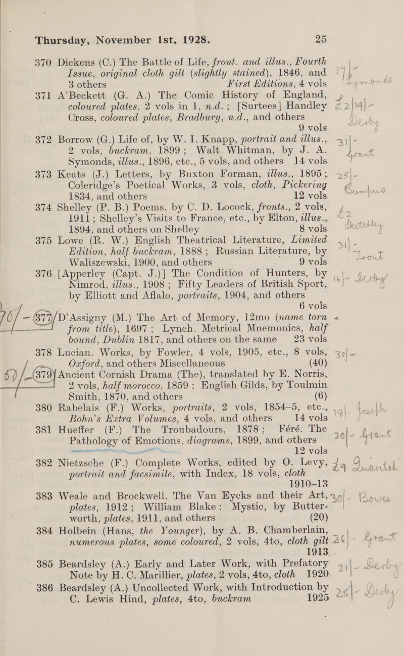   Issue, original cloth gilt (slightly stained), 1846, and 3 others First Editions, 4 vols Cross, coloured plates, Bradbury, n.d., and others 9 vols 2 vols, buckram, 1899; Walt Whitman, by J. A. Symonds, zliws., 1896, etc., 5 vols, and others 14 vols Coleridge’s Poetical Works, 3 vols, cloth, Pickering 1834, and others 12 vols 1911; Shelley’s Visits to France, etc., by Elton, allus., 1894, and others on Shelley 8 vols Edition, half buckram, 1888; Russian Literature, by Waliszewski, ue and others 9 vols Nimrod, zllus., 1908 ; Fifty Leaders of British Sport, by Elliott and Aflalo, portraits, 1904, and others 6 vols ’Assigny (M.) The Art of Memory, 12mo (name torn from title), 1697 ; Lynch. Metrical Mnemonics, half bound, Dublin 1817, and others onthe same 23 vols Oxford, and others Miscellaneous (40) 2 vols, half morocco, 1859 ; English Gilds, by Toulmin Smith, 1870, and others (6) Pathology of Emotions, diagrams, 1899, ‘and others aceuaemnaal 12 vols portrait and facsimile, with. Index, 18 vols, cloth 1910-13 plates, 1912; William Blake: Mystic, by Butter- worth, plates, 1911, and others (20) 1913 . Note by H.C. Marillier, plates, 2 vols, 4to, cloth 1920 C. Lewis Hind, plates, 4to, buckram 1925 3i|- Ayre 7 Gnd 4. or. a Shi ie Ow I s Gi—_ ' i Lexy ae 20|- a 7 re ® | oa 4 od Wat AAA | | j aN oY pth AEM v 28 |-