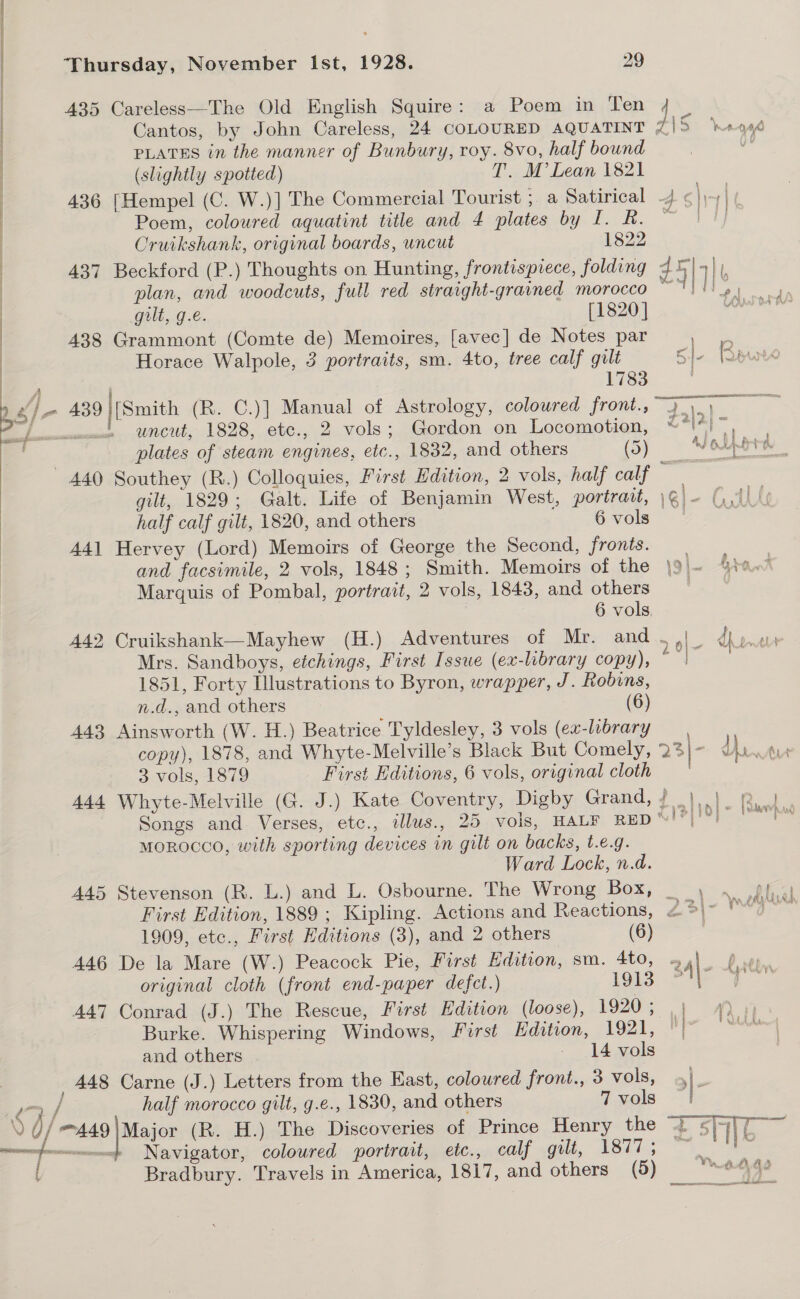 435 Careless—The Old English Squire: a Poem in Ten {4 Cantos, by John Careless, 24 COLOURED AQUATINT tis» nt | PLATES in the manner of Bunbury, roy. 8vo, half bound = | (slightly spotted) T. M’ Lean 1821 : 436 [Hempel (C. W.)] The Commercial Tourist ; a Satirical 4 ¢), ae | Poem, coloured aquatint title and 4 plates by I. R. } Cruikshank, original boards, uncut 1822 ! 437 Beckford (P.) Thoughts on Hunting, frontispiece, folding £9| | plan, and woodcuts, full red straight-grained morocco ~ ‘ | gilt, g.e. [1820] | 438 Grammont (Comte de) Memoires, [avec] de Notes par 1 | Horace Walpole, 3 portraits, sm. 4to, tree calf gilt S\- Baws | 1783 /- 439|[Smith (R. C.)] Manual of Astrology, coloured front., | uncut, 1828, etc., 2 vols; Gordon on Locomotion, t } . Alp bk perd plates of steam engines, etc., 1832, and others (5) MOLTO 440 Southey (R.) Colloquies, First Edition, 2 vols, half calf ; gilt, 1829; Galt. Life of Benjamin West, portrait, \@ - GALL half calf gilt, 1820, and others 6 vols . 441 Hervey (Lord) Memoirs of George the Second, fronts. and facsimile, 2 vols, 1848 ; Smith. Memoirs of the \9\~ 4% , Marquis of Pombal, portrait, 2 vols, 1843, and others 6 vols A442 Cruikshank—Mayhew (H.) Adventures of Mr. and Mrs. Sandboys, etchings, First Issue (ex-library copy), 1851, Forty Illustrations to Byron, wrapper, J. Robins, n.d., and others (6) 443 Ainsworth (W. H.) Beatrice Tyldesley, 3 vols (ex-library copy), 1878, and Whyte-Melville’s Black But Comely, 23) - i ey 3 vols, 1879 First Editions, 6 vols, original cloth 444 Whyte-Melville (G. J.) Kate Coventry, Digby Grad), ds 1 ok es Songs and Verses, etc., illus., 25 vols, HALF RED* Bala ae MOROCCO, with sporting devices in gilt on backs, t.e.g. Ward Lock, n.d. 445 Stevenson (R. L.) and L. Osbourne. The Wrong Box, _ , . pf. a   First Edition, 1889 ; Kipling. Actions and Reactions, &lt; i bead, 1909, etc., First Editions (3), and 2 others (6) 446 De la Mare (W.) Peacock Pie, First Edition, sm. 4to, 24| aa original cloth (front end-paper defect.) i913 FN “7 447 Conrad (J.) The Rescue, First Edition (loose), 1920 ; y Burke. Whispering Windows, frst Edition, 1921, °} and others - 14 vols , 448 Carne (J.) Letters from the East, coloured front., 3 vols, ., a 7a half morocco gilt, g.e., 1830, and others Tvols | \ )/—s49 [Major (R. H.) The Discoveries of Prince Henry the tie i ies Navigator, coloured portrait, etc., calf gilt, 1877; ae as Bradbury. Travels in America, 1817, and others (5) ed vita